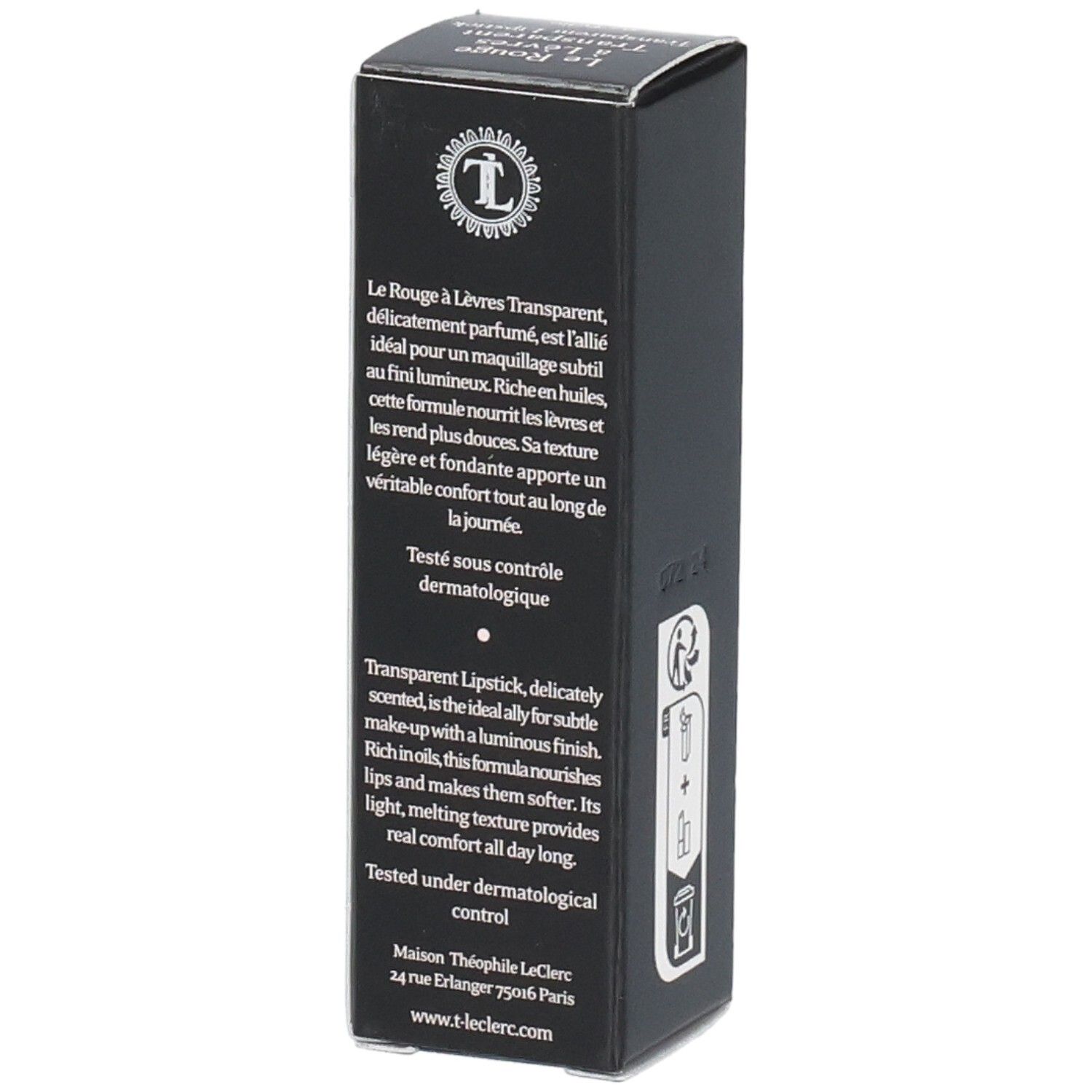 Schwarze Verpackung mit Text. Enthält: T.LeClerc Transparent Lipstick. Text über die Eigenschaften des Produkts.