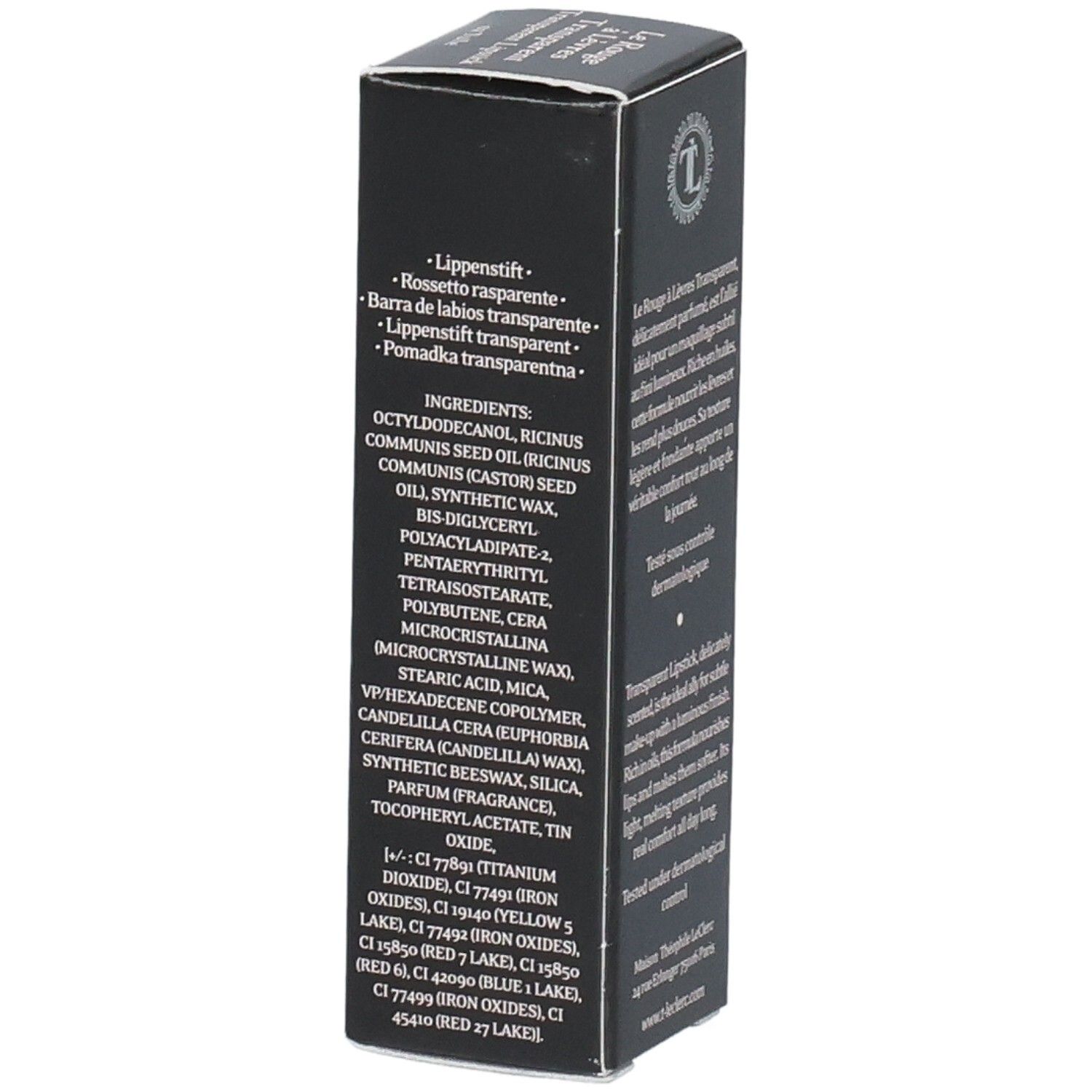 Schwarze Verpackung mit Text. Enthält: T.LeClerc Transparent Lipstick. Auflistung der Inhaltsstoffe.