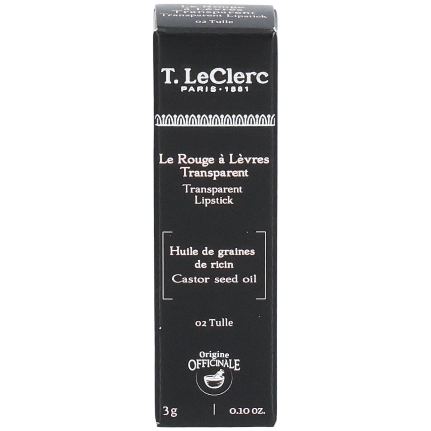 Schwarze Verpackung mit Text. Enthält: T.LeClerc Transparent Lipstick, 3g, 0.10 oz. Ursprungsbezeichnung.