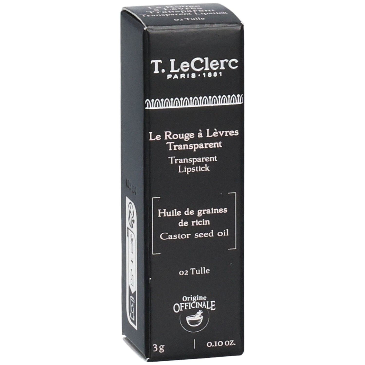 Schwarze Verpackung mit Text. Enthält: T.LeClerc Transparent Lipstick, 3g, 0.10 oz. Ursprungsbezeichnung.