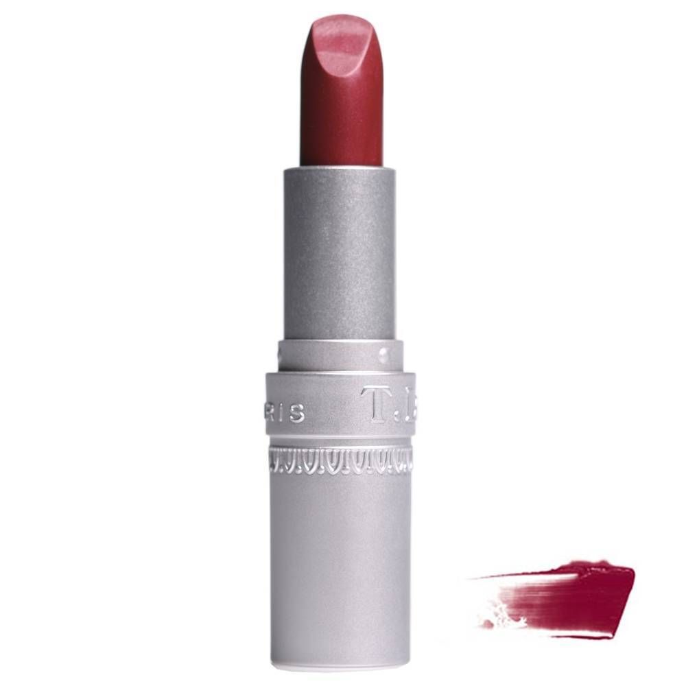 Lippenstift met zilverkleurige huls en rode lippenstiftstift. Daarnaast een veeg van kleur. Op de huls staat "T. LeClerc".