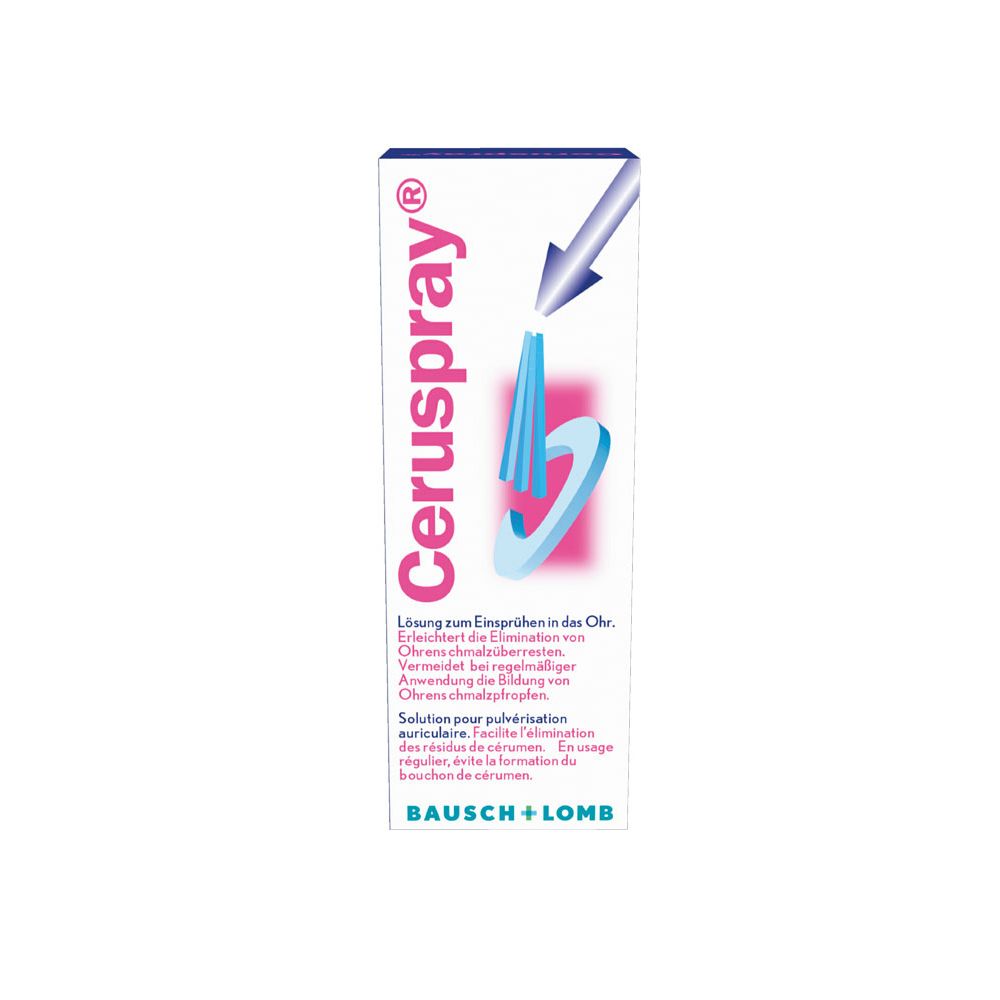 Emballage du produit avec nom : Ceruspray®. Fabricant : Bausch + Lomb. Boîte bleue et blanche.