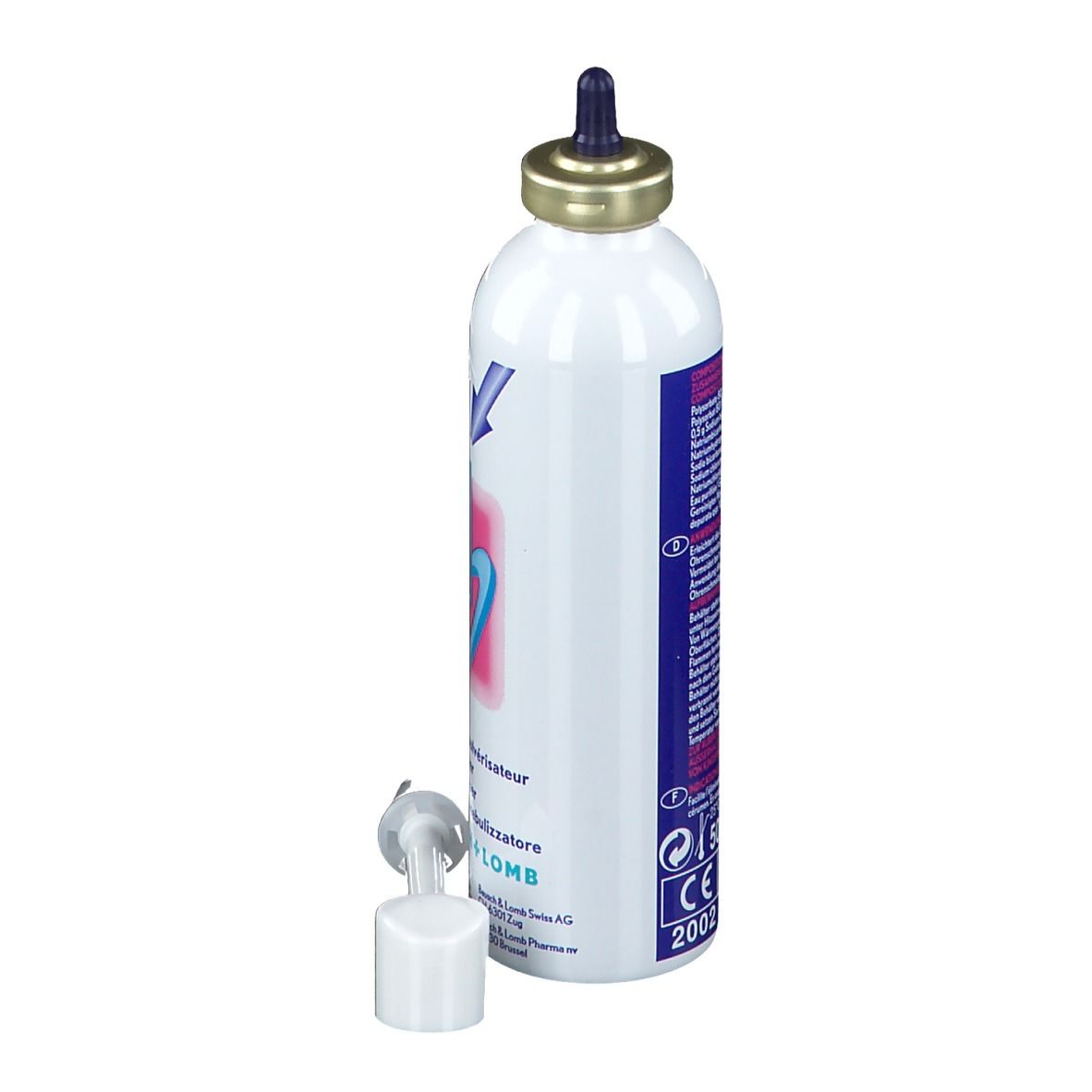 Spray blanc avec applicateur bleu. Nom du produit : Ceruspray®. Fabricant : Bausch + Lomb.
