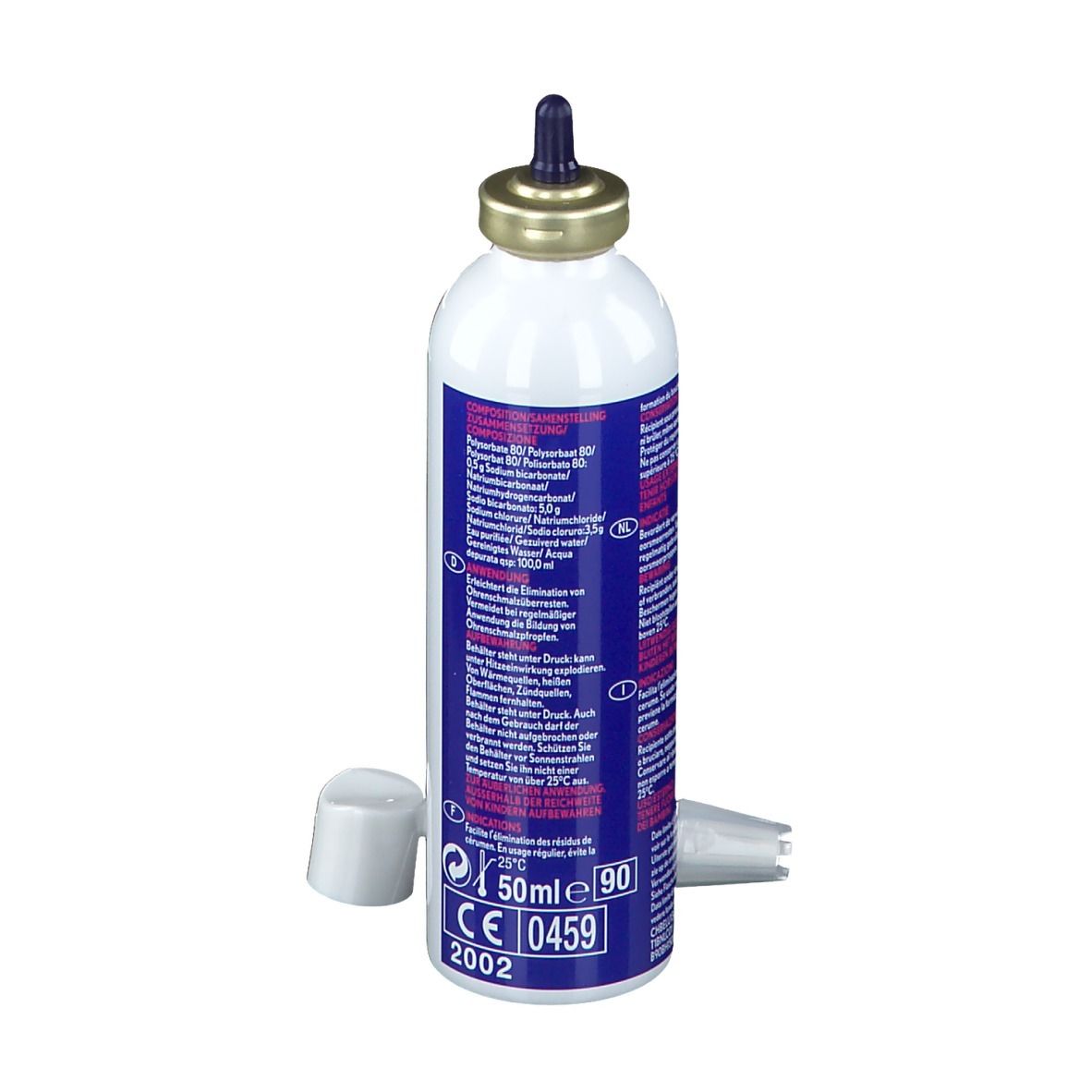 Spray blanc avec applicateur bleu. Nom du produit : Ceruspray®. Fabricant : Bausch + Lomb.