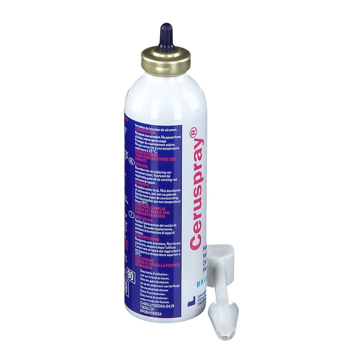 Spray blanc avec applicateur bleu. Nom du produit : Ceruspray®. Fabricant : Bausch + Lomb.