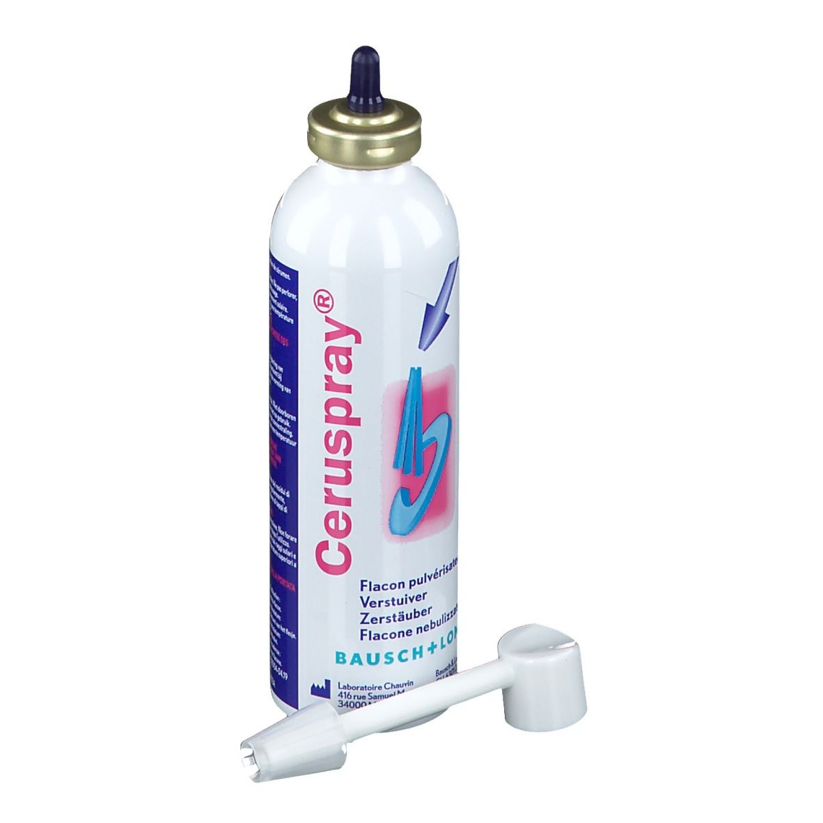 Spray blanc avec applicateur bleu. Nom du produit : Ceruspray®. Fabricant : Bausch + Lomb.