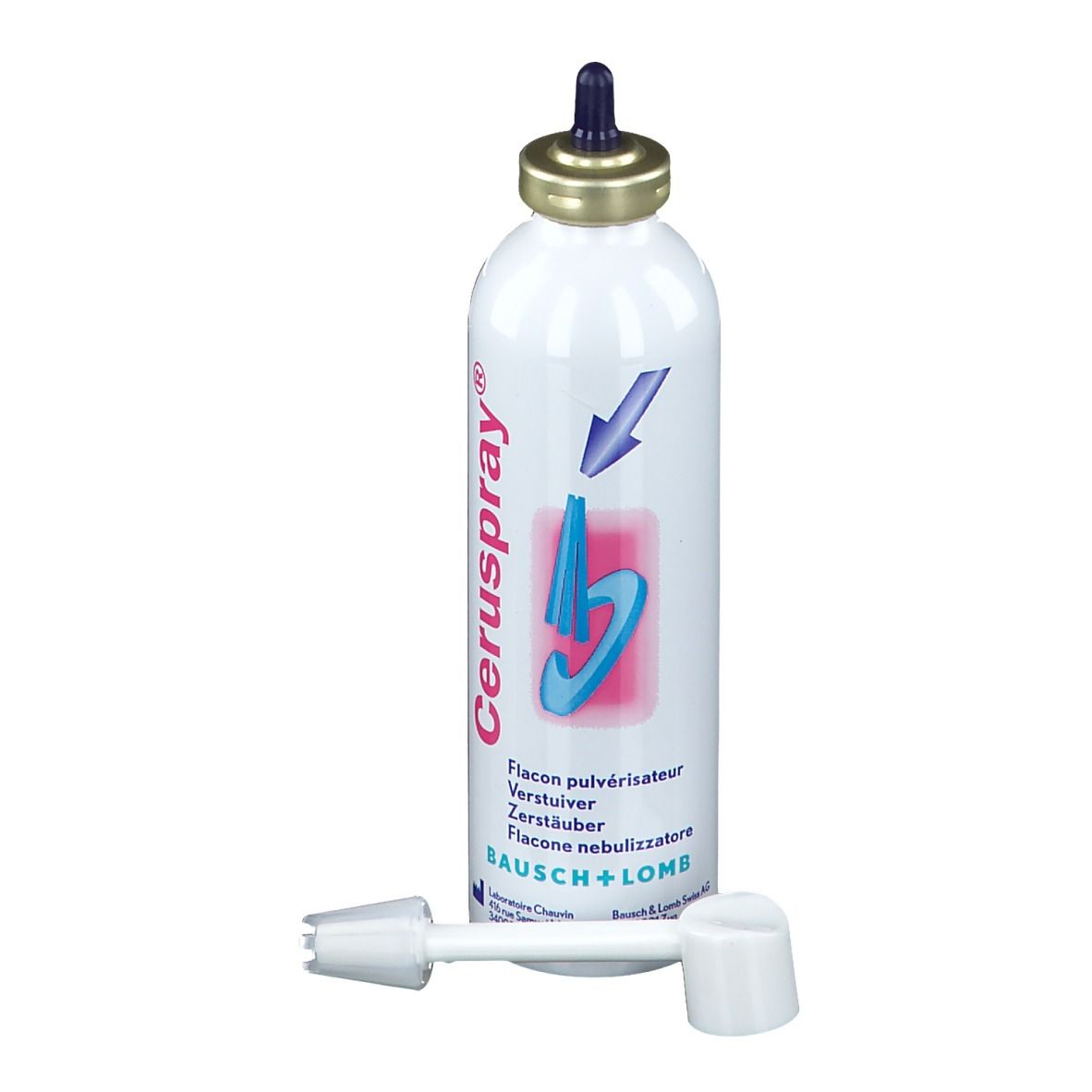 Spray blanc avec applicateur bleu. Nom du produit : Ceruspray®. Fabricant : Bausch + Lomb.