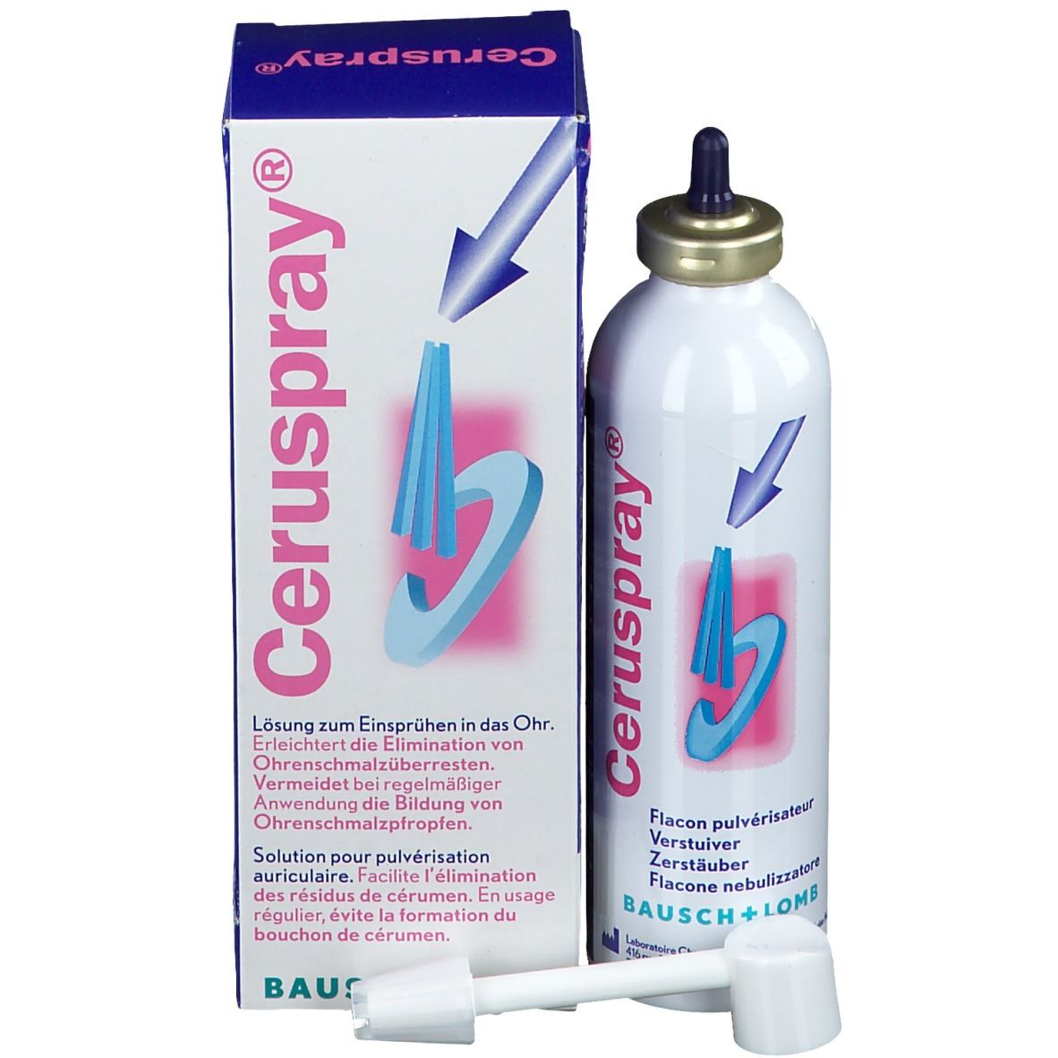 Emballage du produit avec nom : Ceruspray®. Fabricant : Bausch + Lomb. Boîte bleue et blanche.