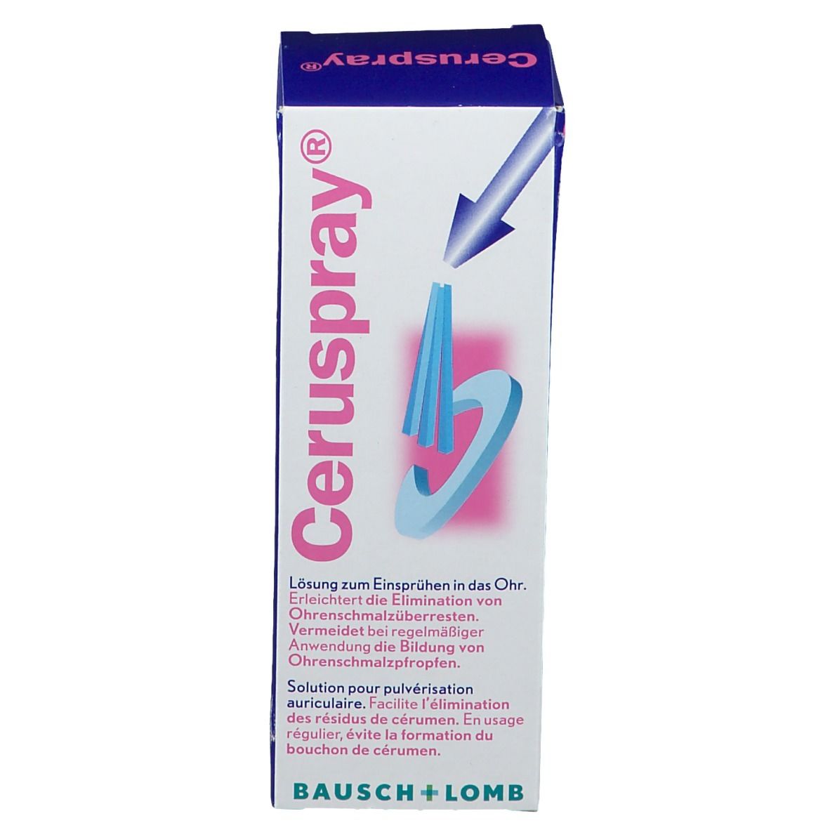 Emballage du produit avec nom : Ceruspray®. Fabricant : Bausch + Lomb. Boîte bleue et blanche.