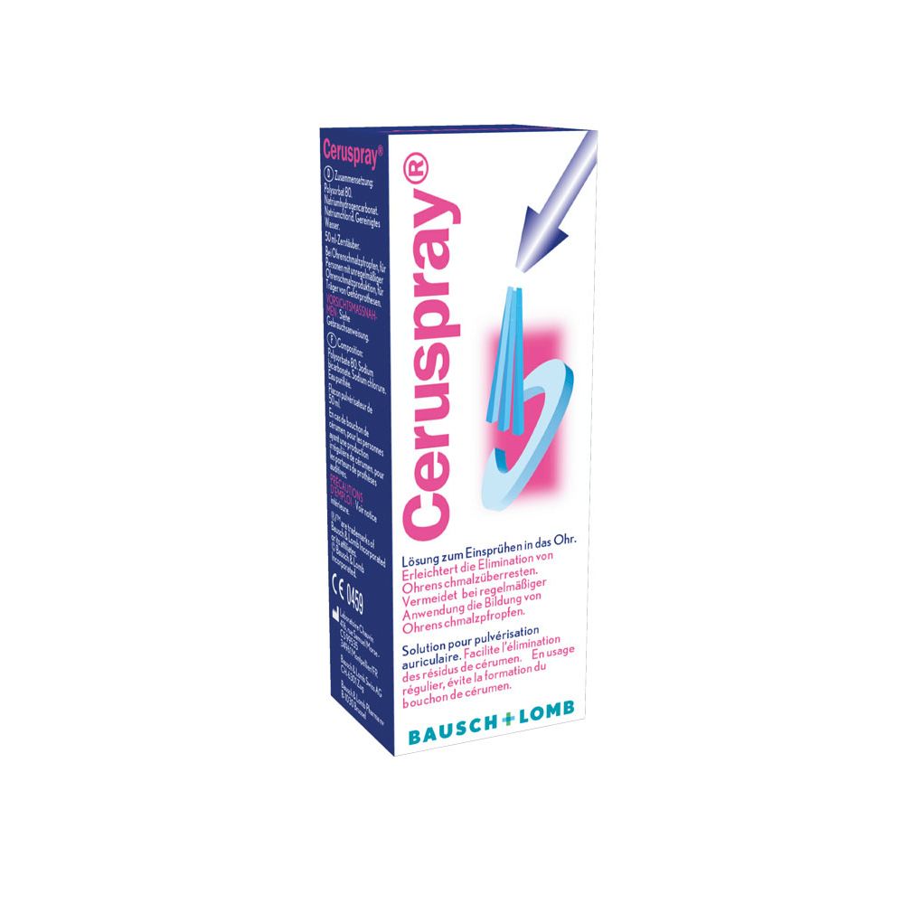Emballage du produit avec nom : Ceruspray®. Fabricant : Bausch + Lomb. Boîte bleue et blanche.