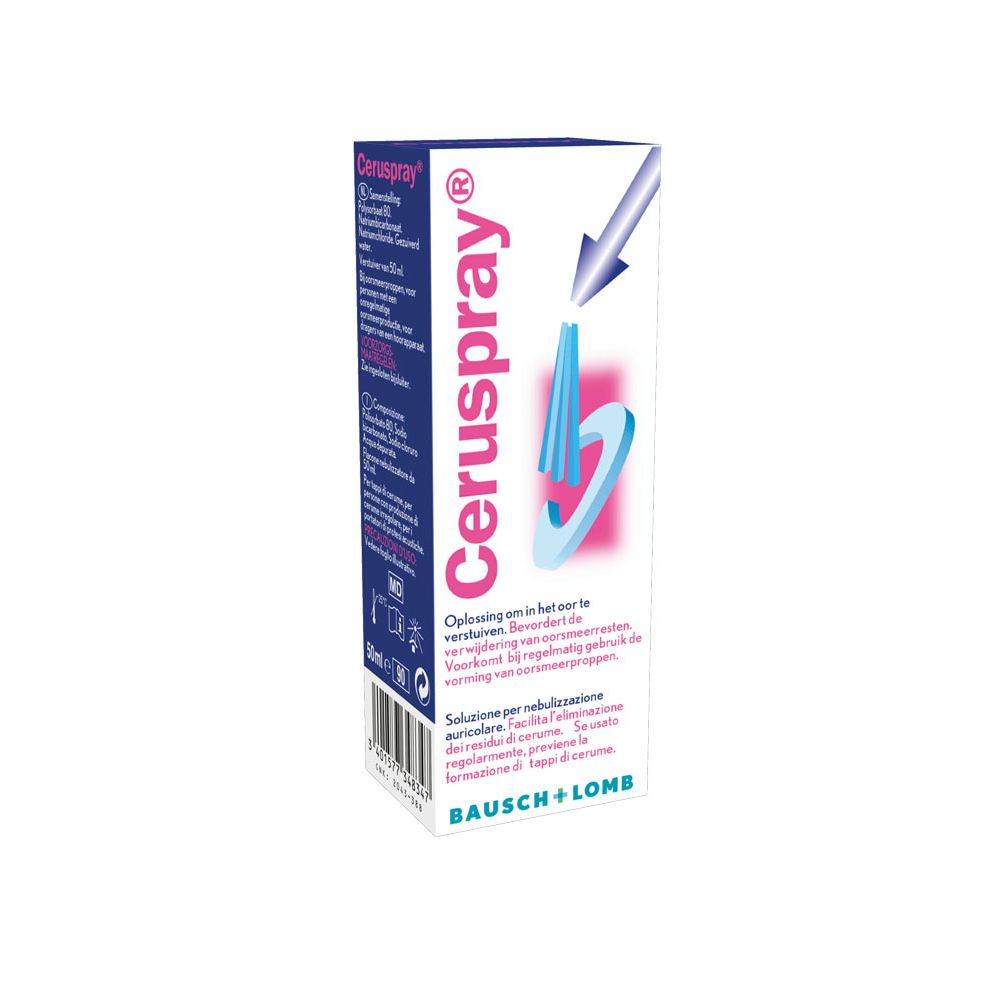 Productverpakking met productnaam: Ceruspray®. Fabrikant: Bausch + Lomb. Blauwe en witte doos.