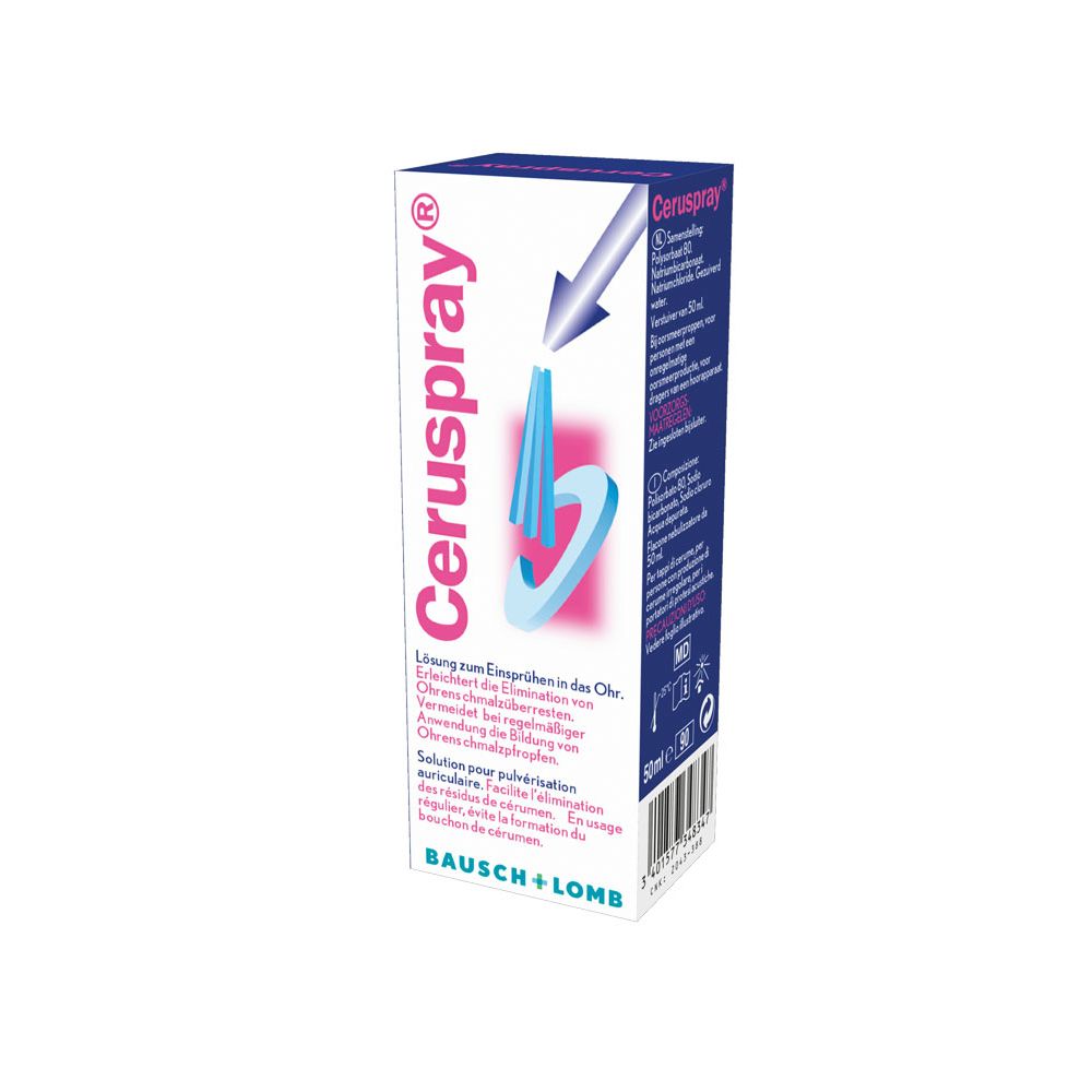 Emballage du produit avec nom : Ceruspray®. Fabricant : Bausch + Lomb. Boîte bleue et blanche.