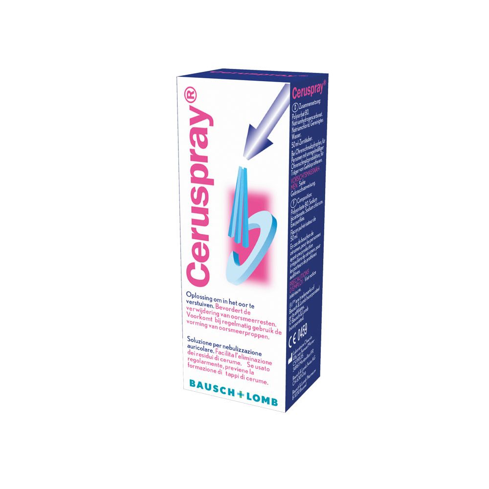 Productverpakking met productnaam: Ceruspray®. Fabrikant: Bausch + Lomb. Blauwe en witte doos.