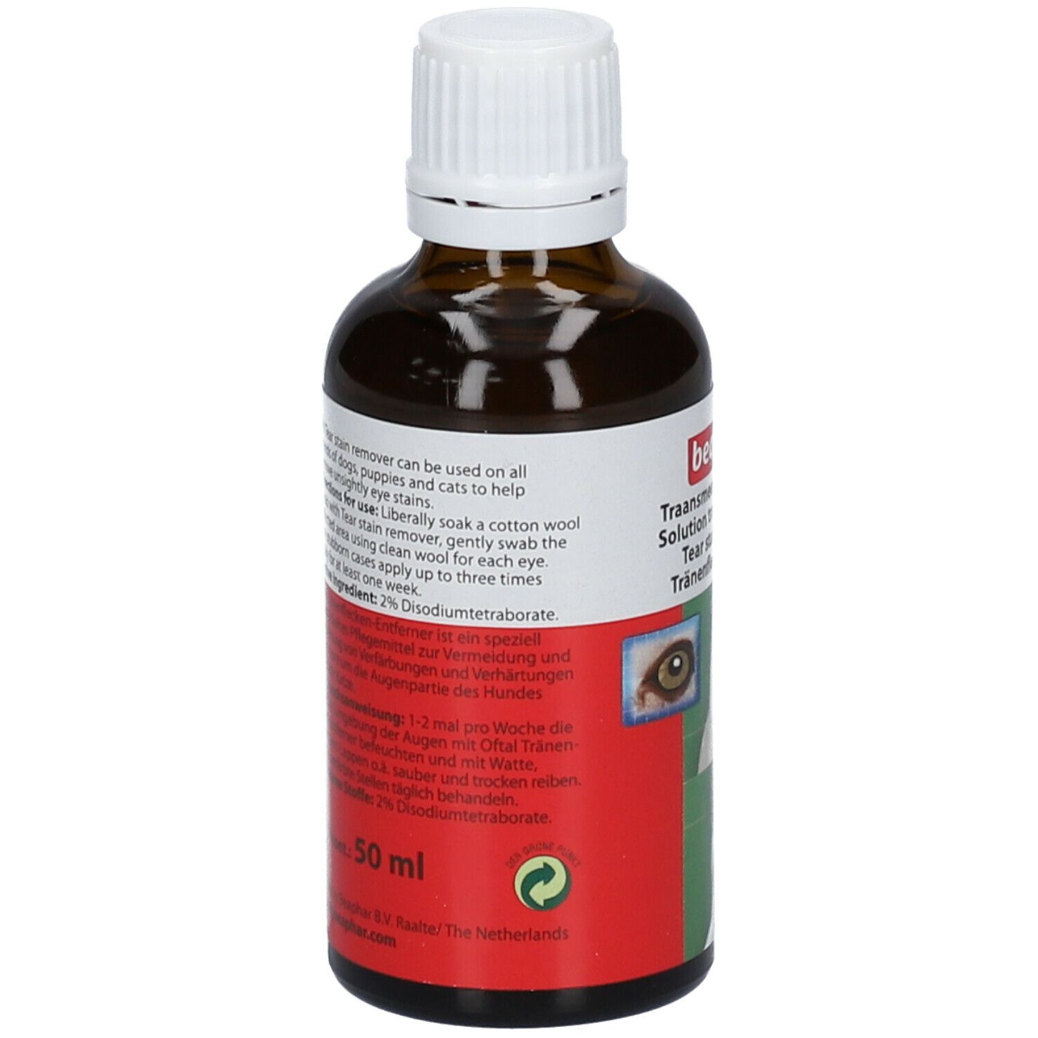 Rückseite der braunen Flasche. Text mit Anwendungshinweisen und Inhaltsstoffen. 50 ml.