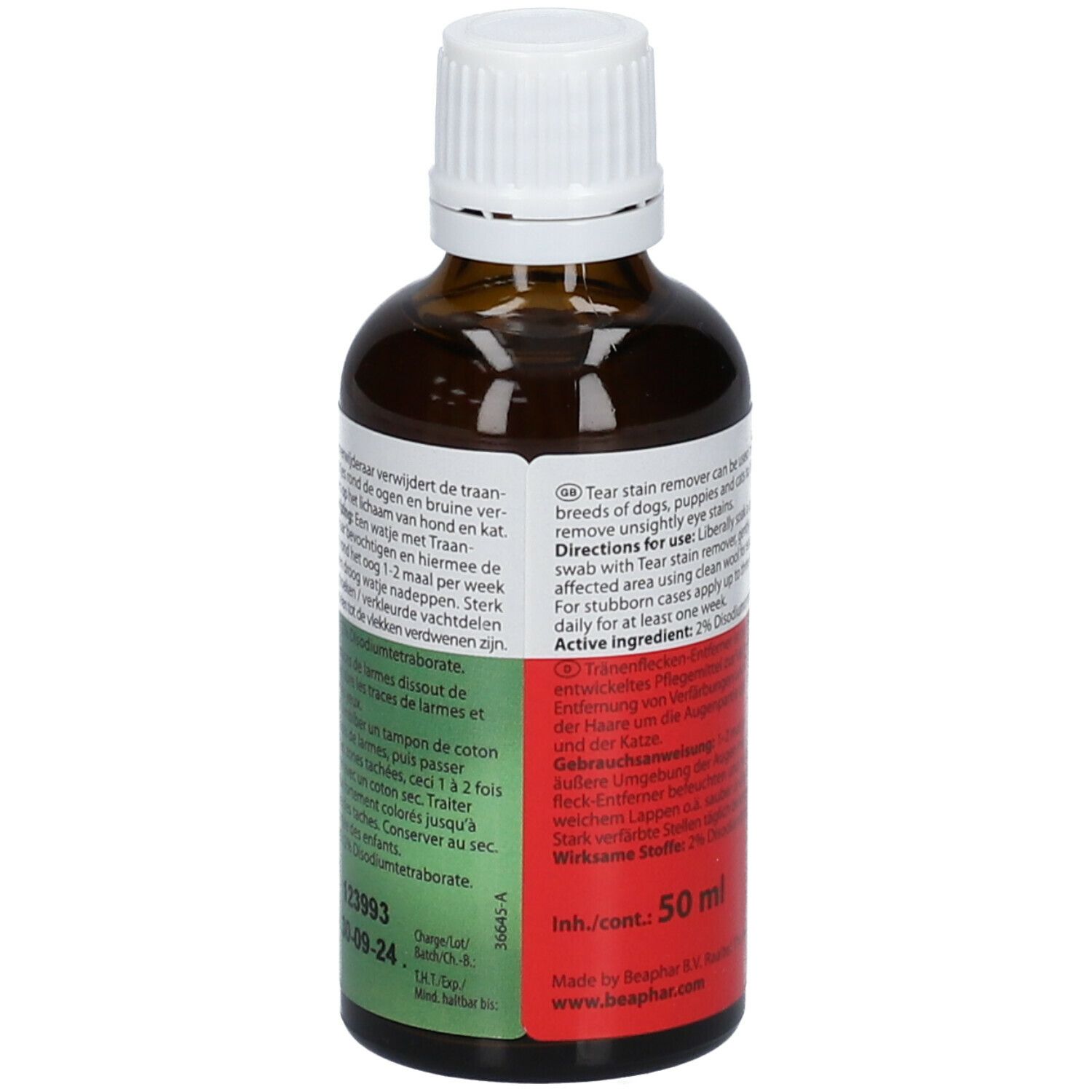 Rückseite der braunen Flasche. Text mit Anwendungshinweisen und Inhaltsstoffen. 50 ml.