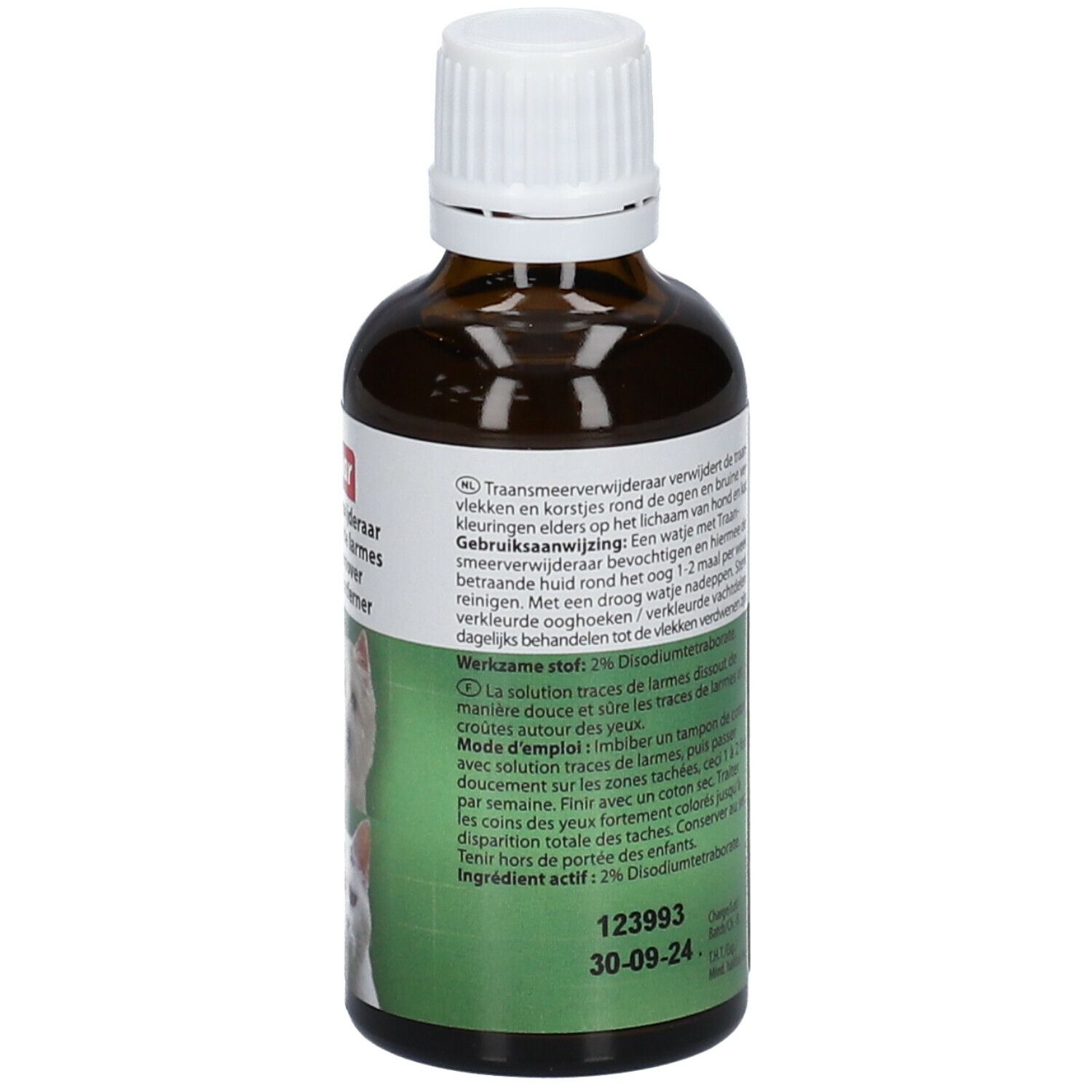 Rückseite der braunen Flasche. Text mit Anwendungshinweisen und Inhaltsstoffen. 50 ml.