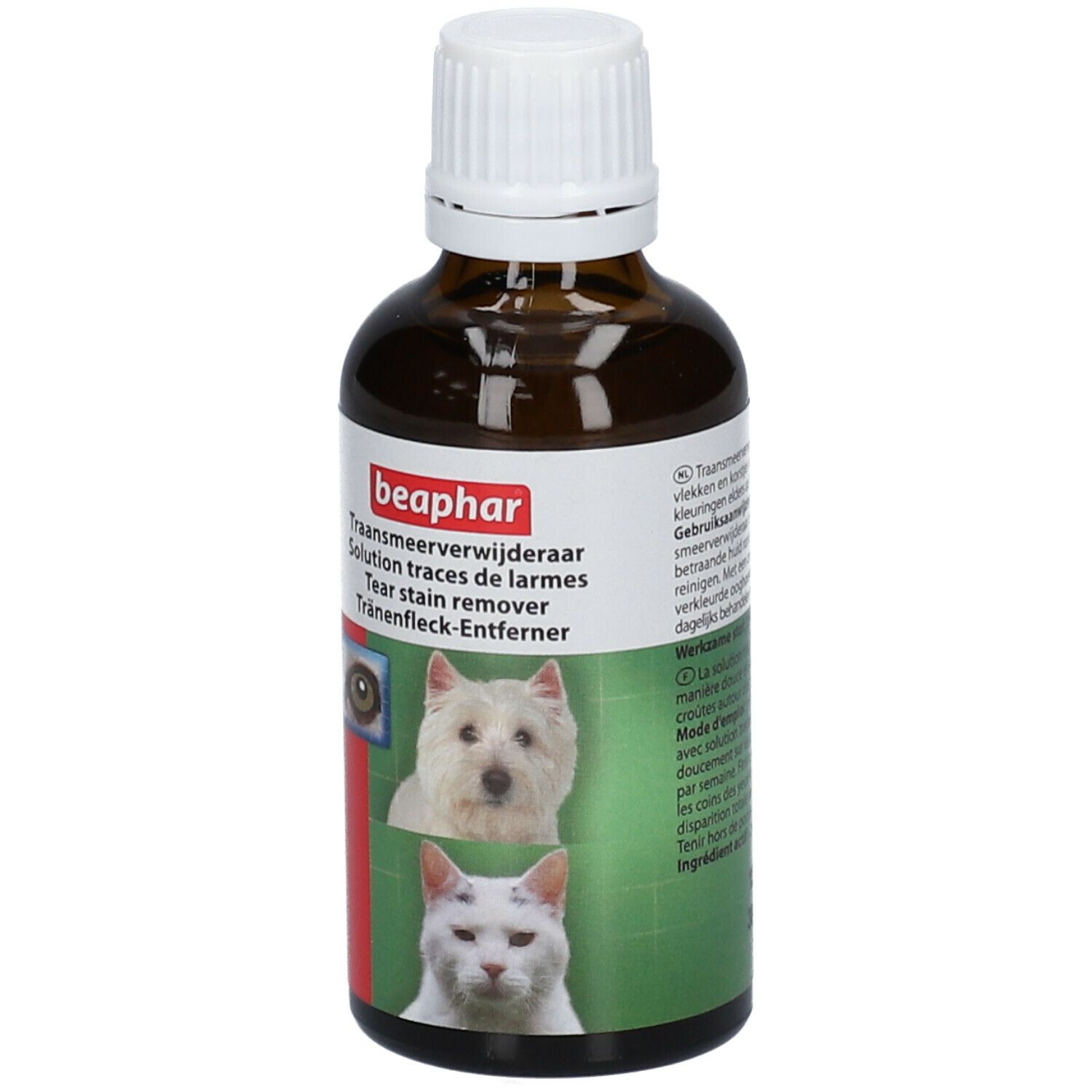 Braune Flasche mit weißem Deckel. Etikett mit Produktnamen, Hund und Katze. Beaphar Tränenfleckentferner.