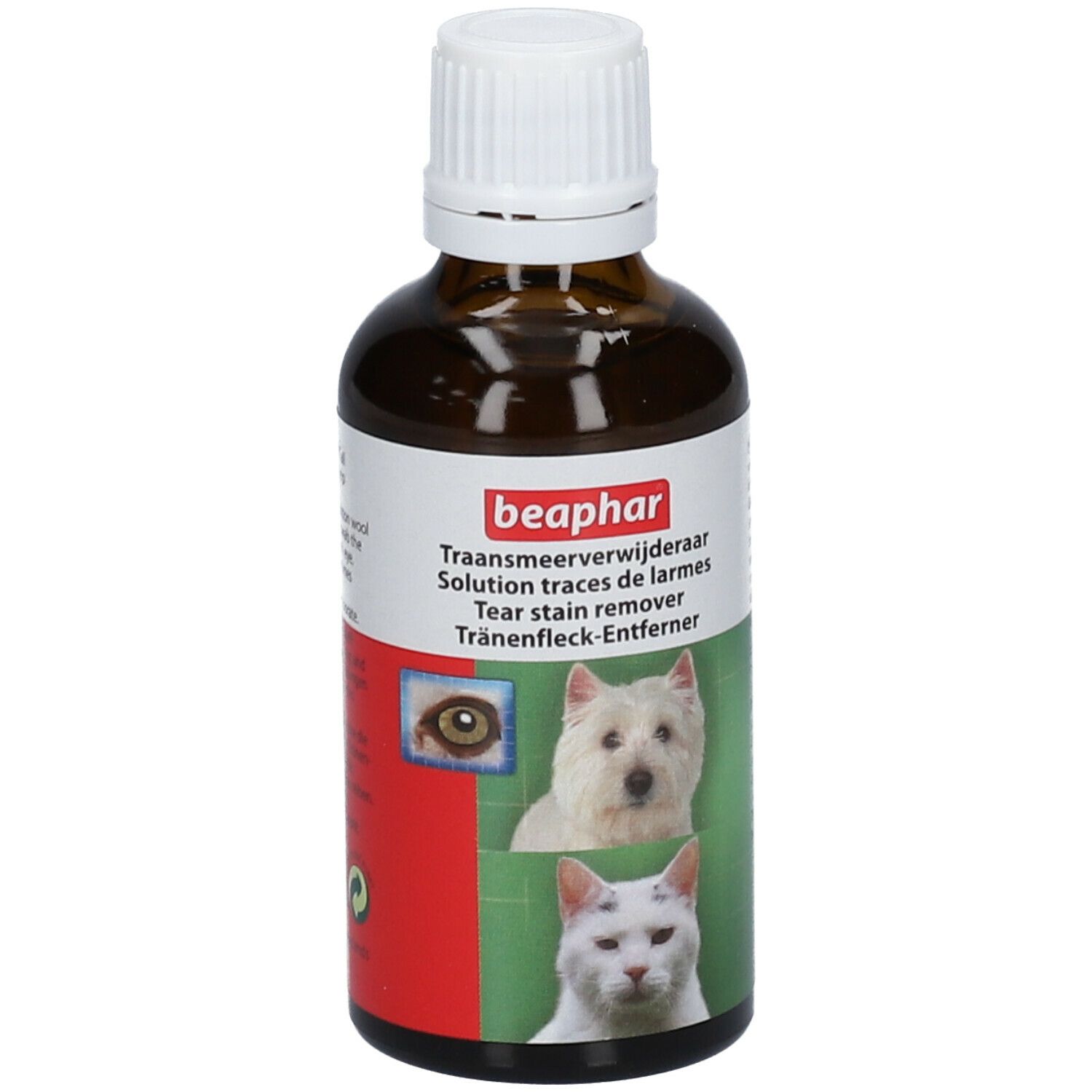 Braune Flasche mit weißem Deckel. Etikett mit Produktnamen, Hund und Katze. Beaphar Tränenfleckentferner.