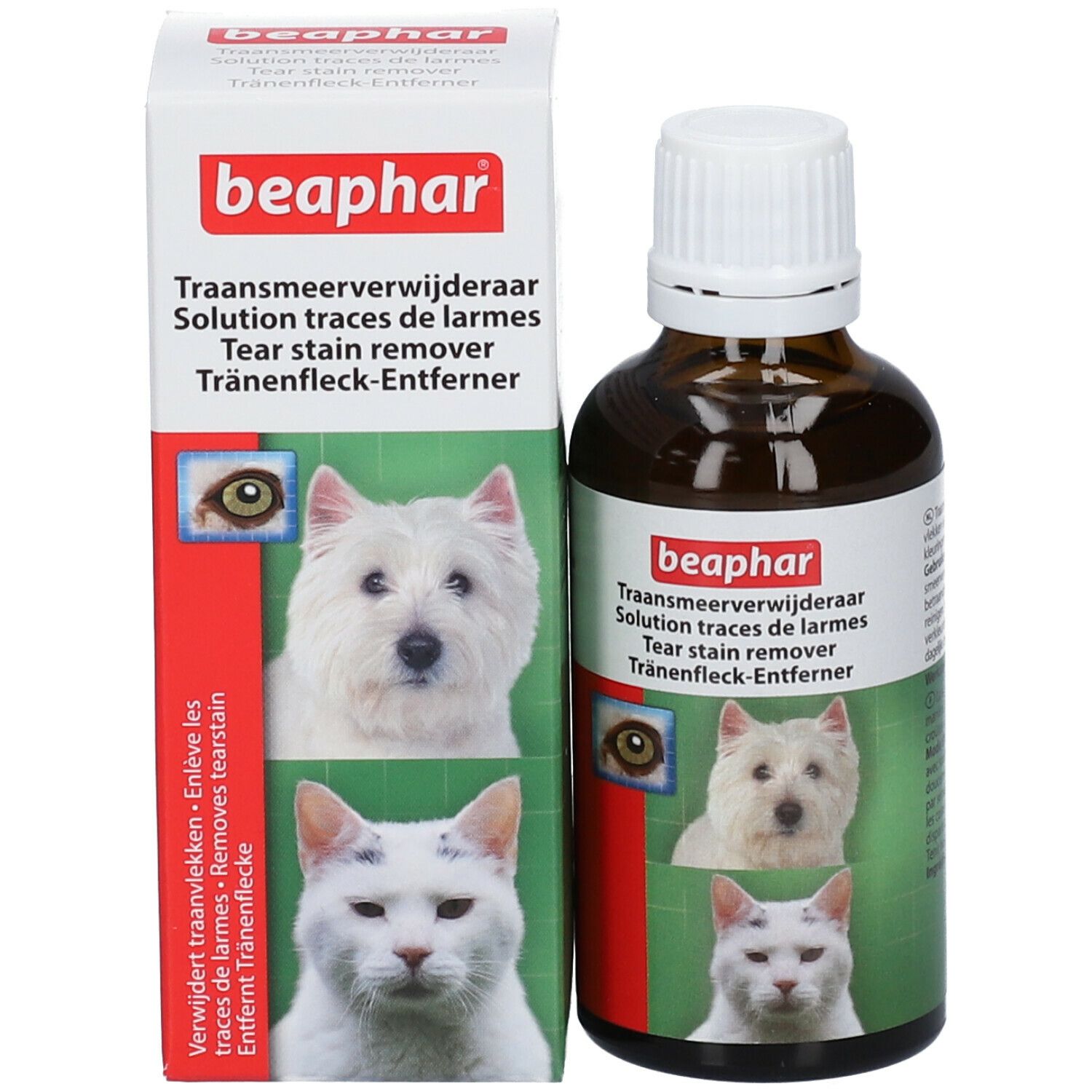 Produktflasche und Verpackung. Beaphar Tränenfleckentferner. Hund und Katze abgebildet.