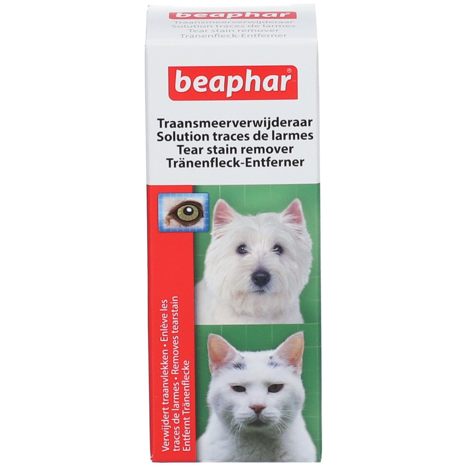 Verpackung. Beaphar Tränenfleckentferner. Hund und Katze abgebildet.