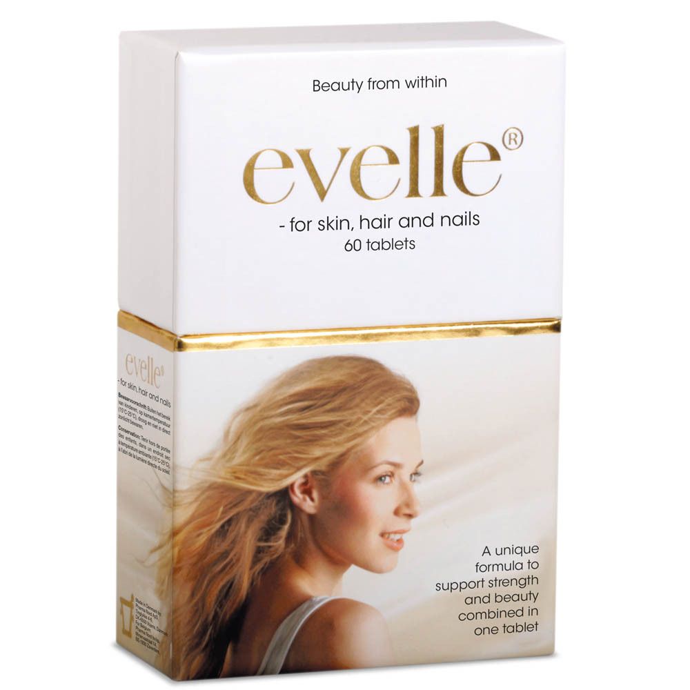 Boîte blanche "evelle" pour peau, cheveux et ongles, 60 comprimés. Texte: "Beauty from within".