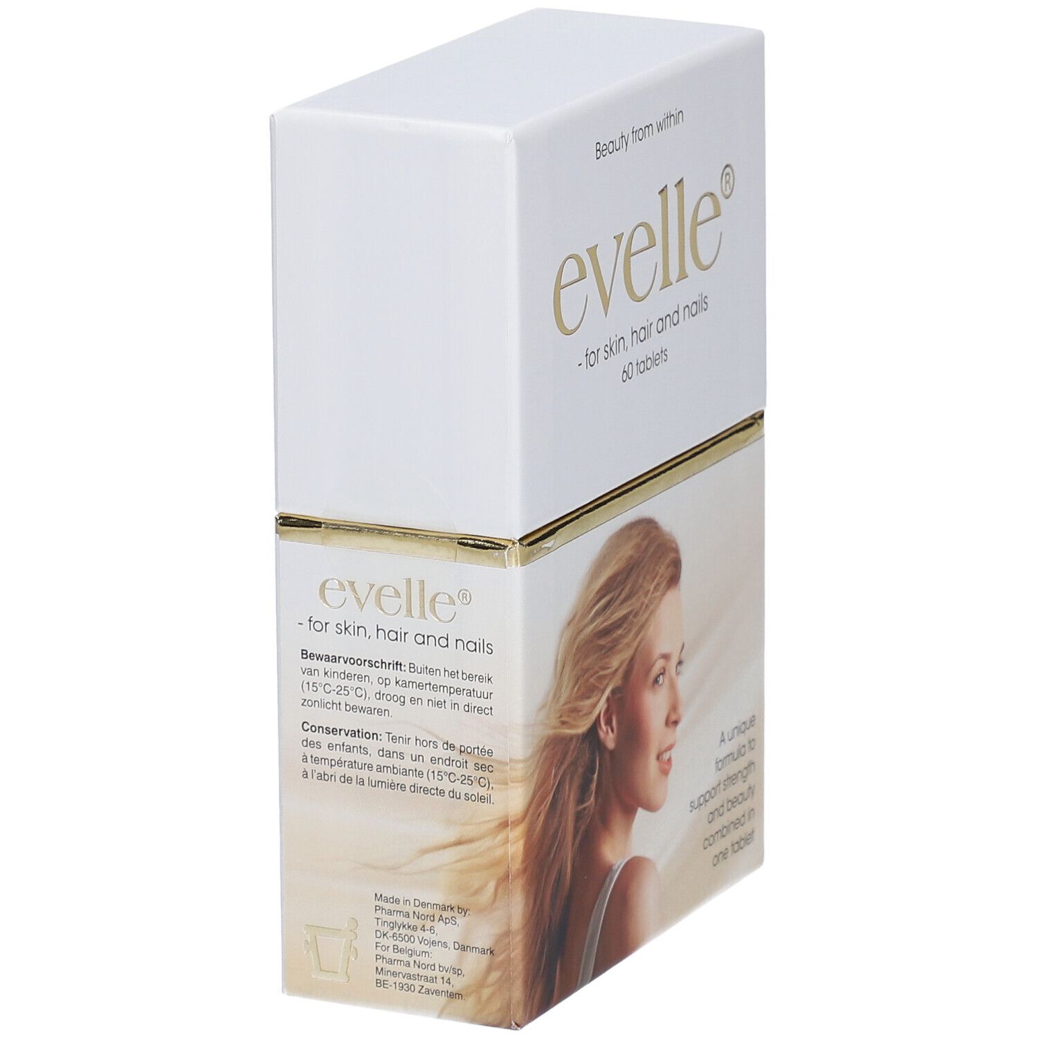 Boîte blanche "evelle" pour peau, cheveux et ongles, 60 comprimés. Texte: "Beauty from within".