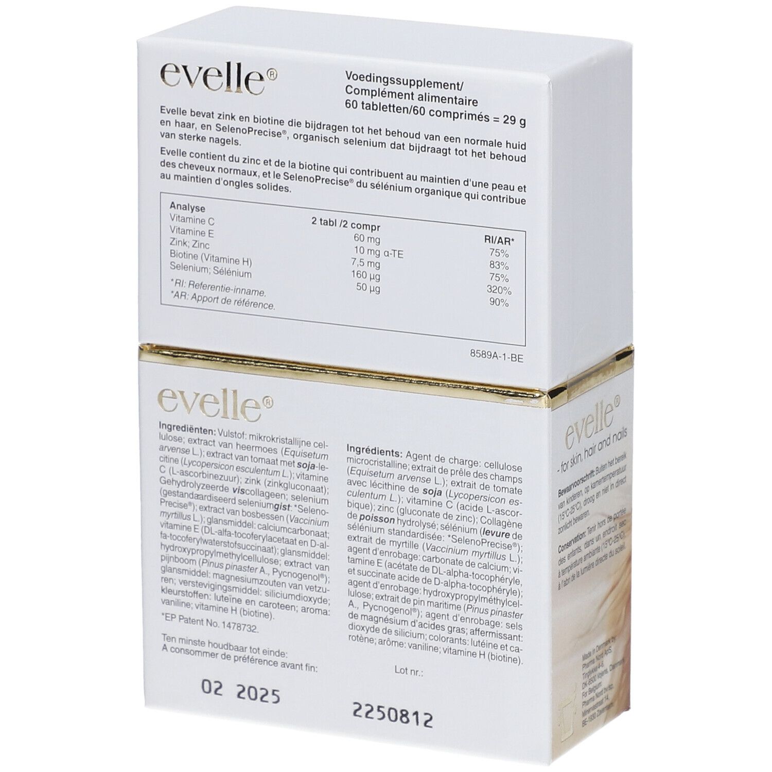 Boîte blanche "evelle" avec informations nutritionnelles et ingrédients. Texte en néerlandais et français.