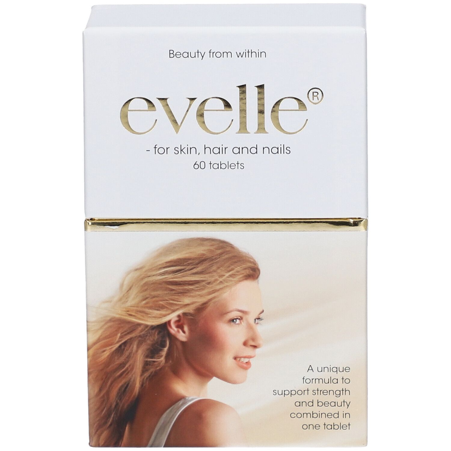 Boîte blanche "evelle" pour peau, cheveux et ongles, 60 comprimés. Image d'une femme blonde. Texte: "Beauty from within".