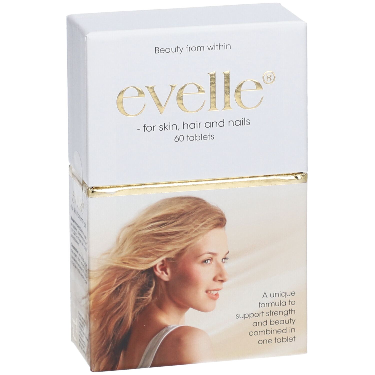 Boîte blanche "evelle" pour peau, cheveux et ongles, 60 comprimés. Image d'une femme blonde. Texte: "Beauty from within".