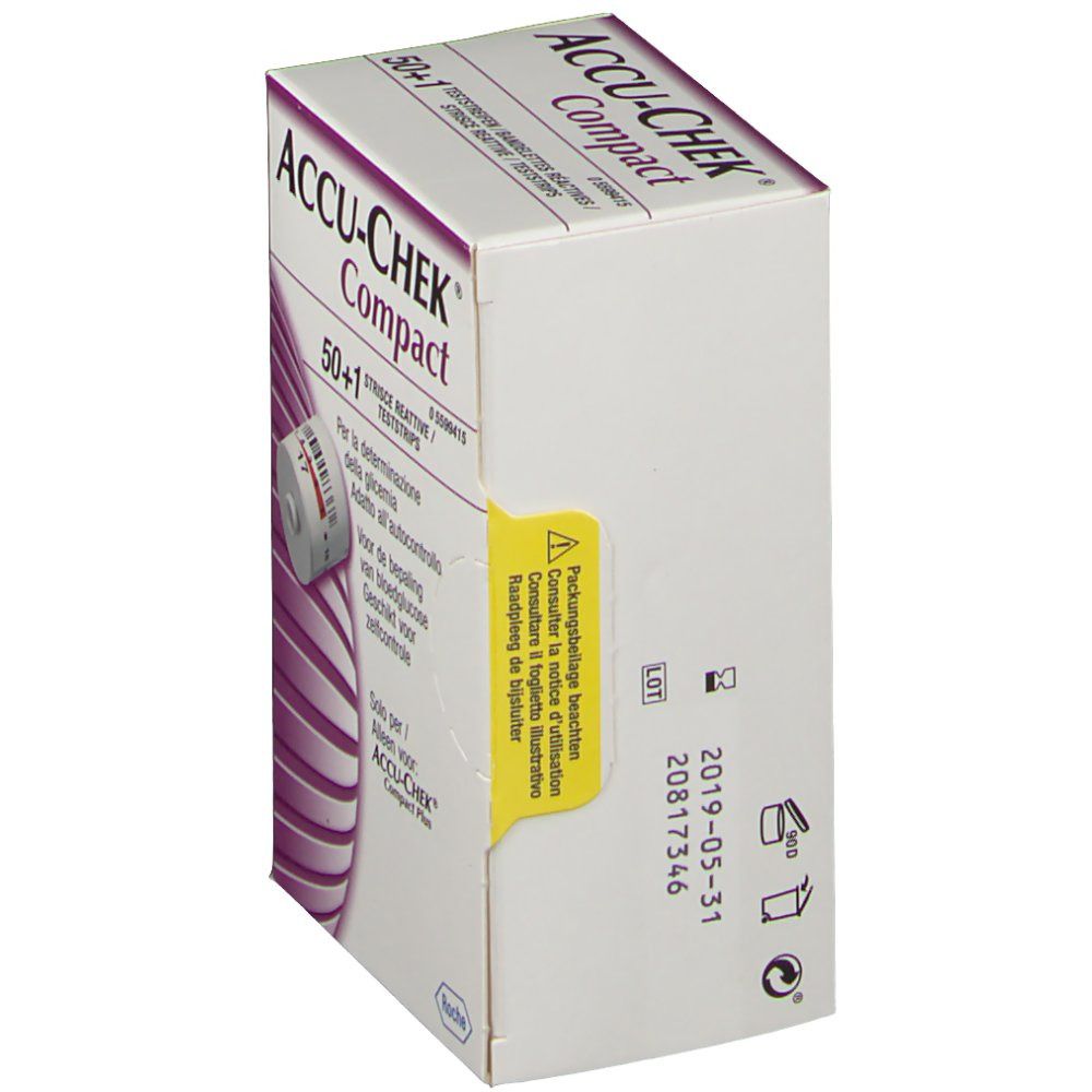 Accu-Chek Compact Verpackung, Seitenansicht. Gelber Aufkleber mit Text. Datumsangabe.