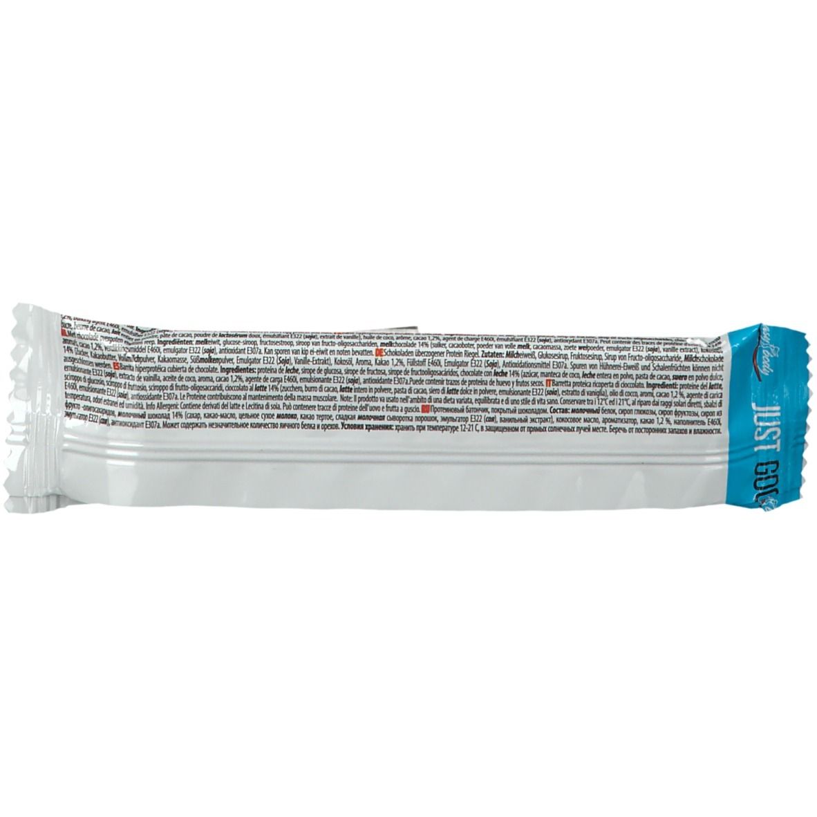 Emballage de barre chocolatée. Blanc avec texte et accent bleu. Inscription "JUST GO".