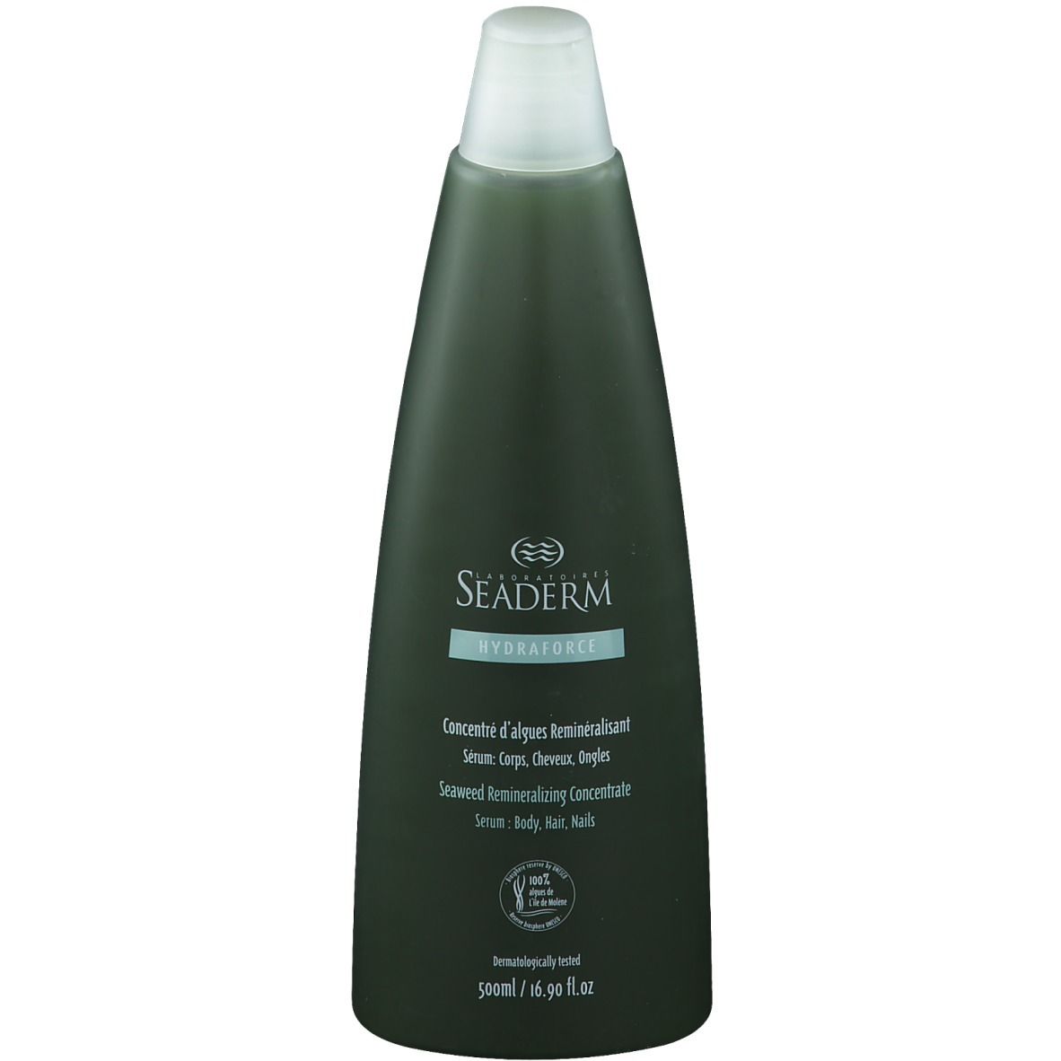 Donkergroene fles met witte dop. Opschrift: Seaderm Hydraforce. Concentraat voor lichaam, haar, nagels. Dermatologisch getest.