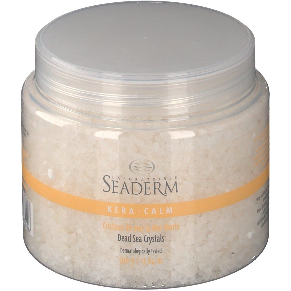 Récipient transparent avec cristaux blancs. Inscription: Seaderm Kera-Calm, Dead Sea Crystals. Couvercle et étiquette.