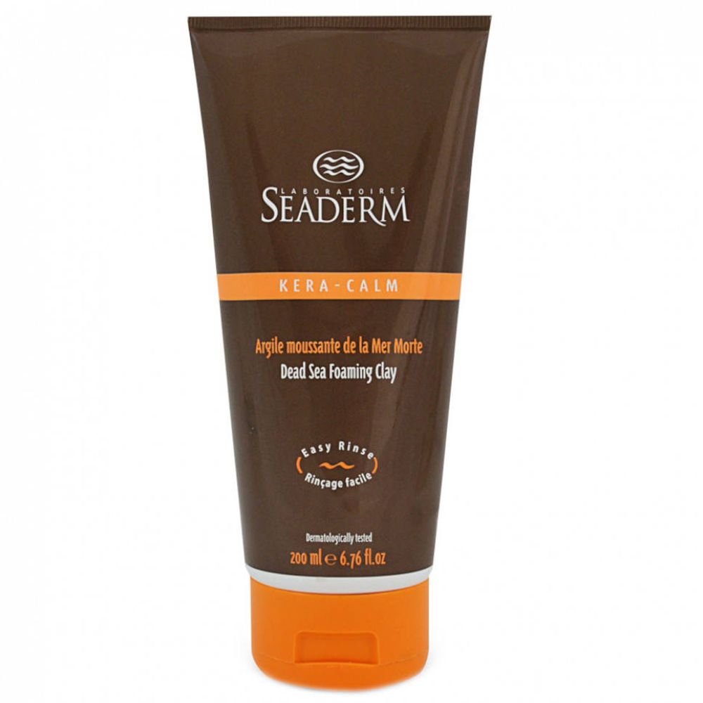 Tube brun et orange. Inscription: Seaderm, Kera-Calm, Argile moussante de la Mer Morte, Dead Sea Foaming Clay. 200 ml.