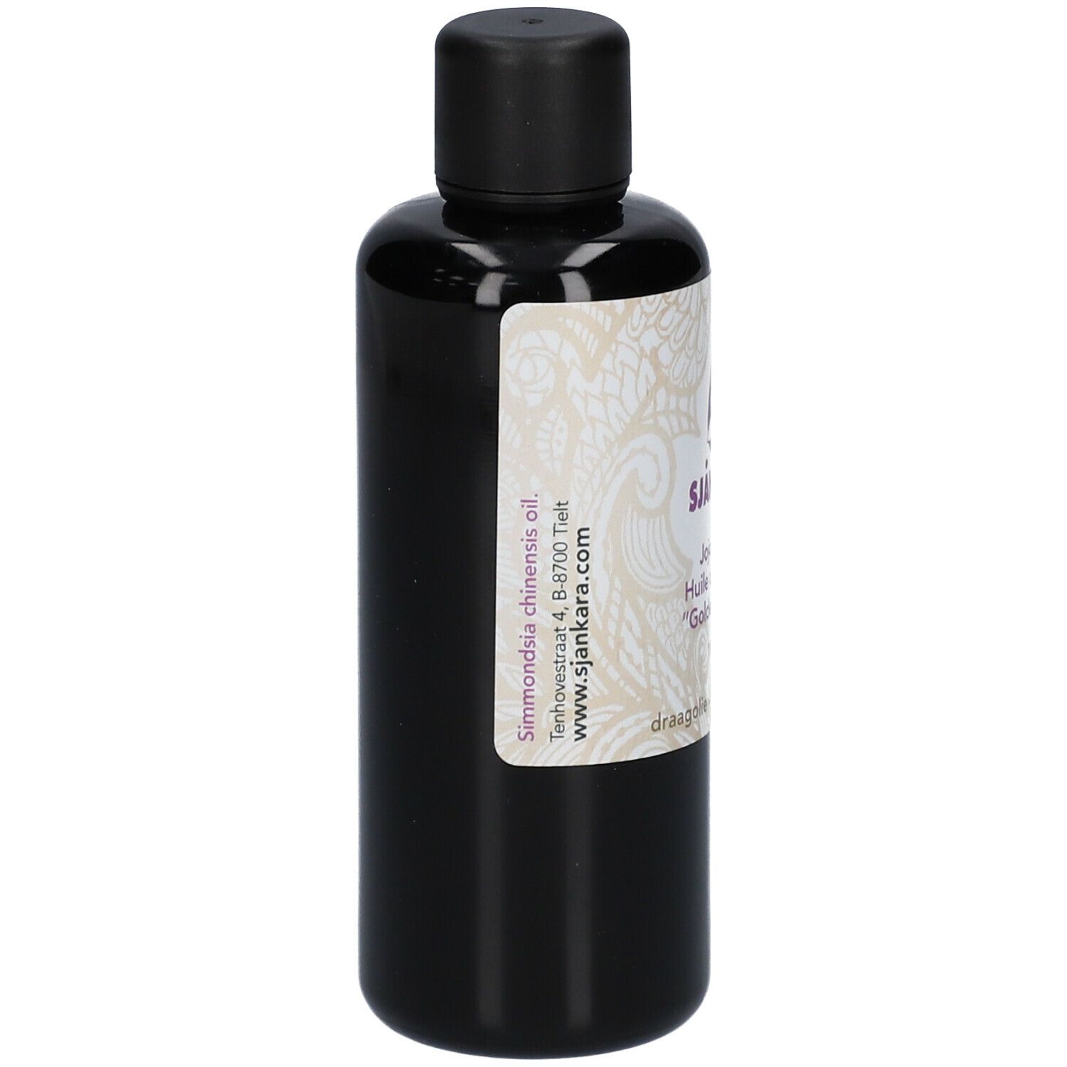Flacon brun avec bouchon noir. Étiquette avec informations sur le produit, ingrédients et coordonnées.