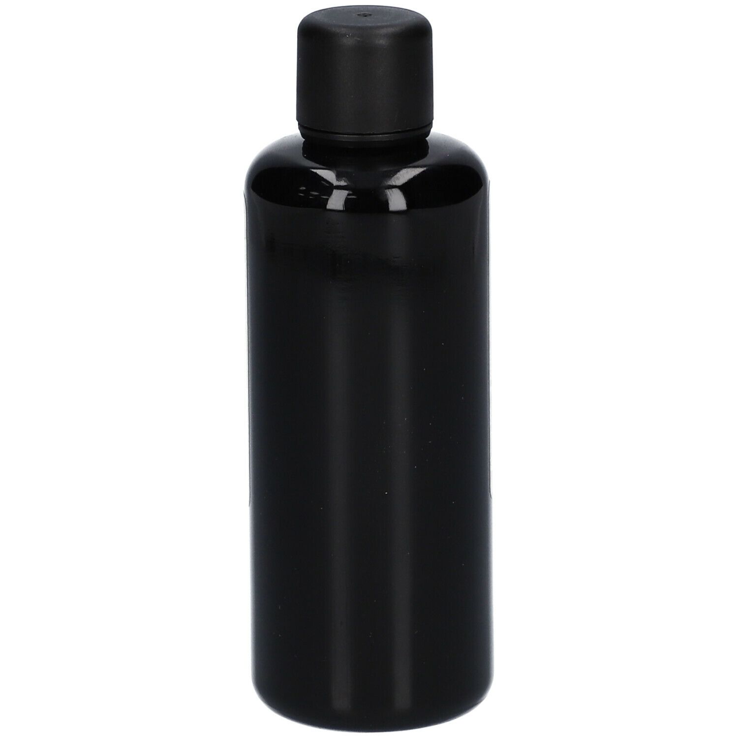 Flacon cylindrique brun avec bouchon à vis noir. Aucun autre détail visible.