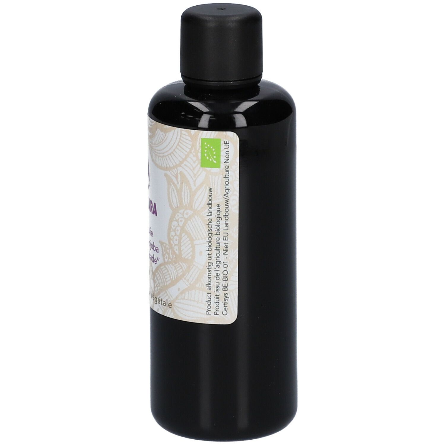 Flacon brun avec bouchon noir. Étiquette avec nom du produit SJANKARA, huile de jojoba et label bio.