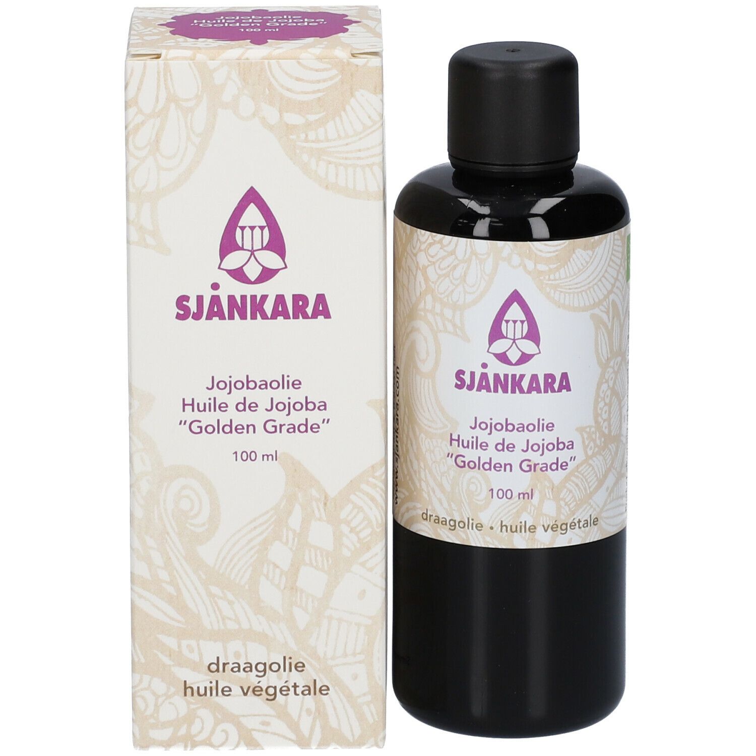 Flacon brun avec bouchon noir et emballage rectangulaire. Emballage avec nom du produit SJANKARA, huile de jojoba.