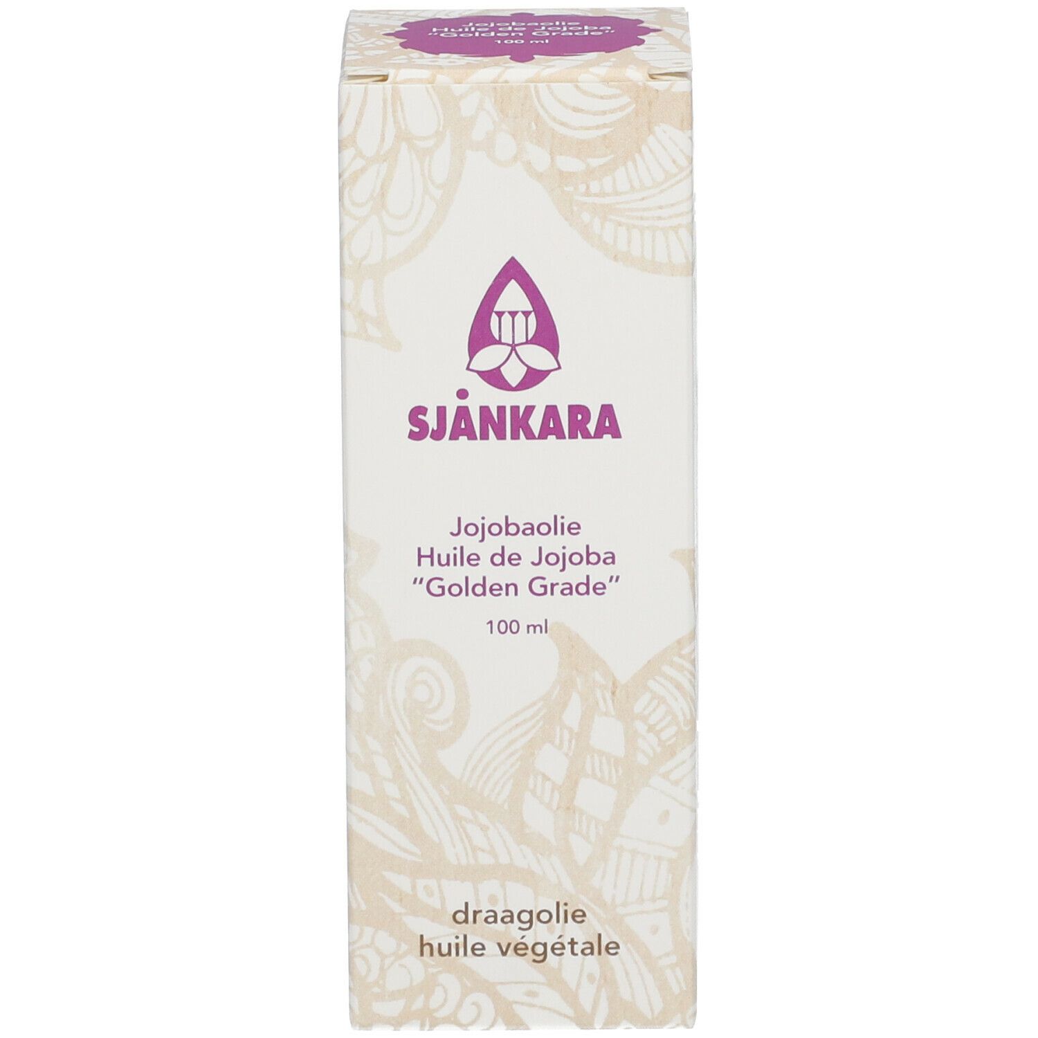 Emballage rectangulaire avec nom du produit SJANKARA, huile de jojoba. Motif floral sur fond crème.