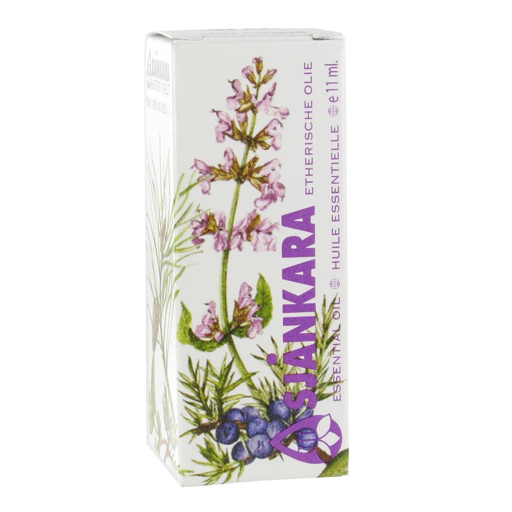 Karton mit SJANKARA Koriander ätherisches Öl. Abbildung von Blüten und Blättern. Text: Ethereische Öle, 11ml.