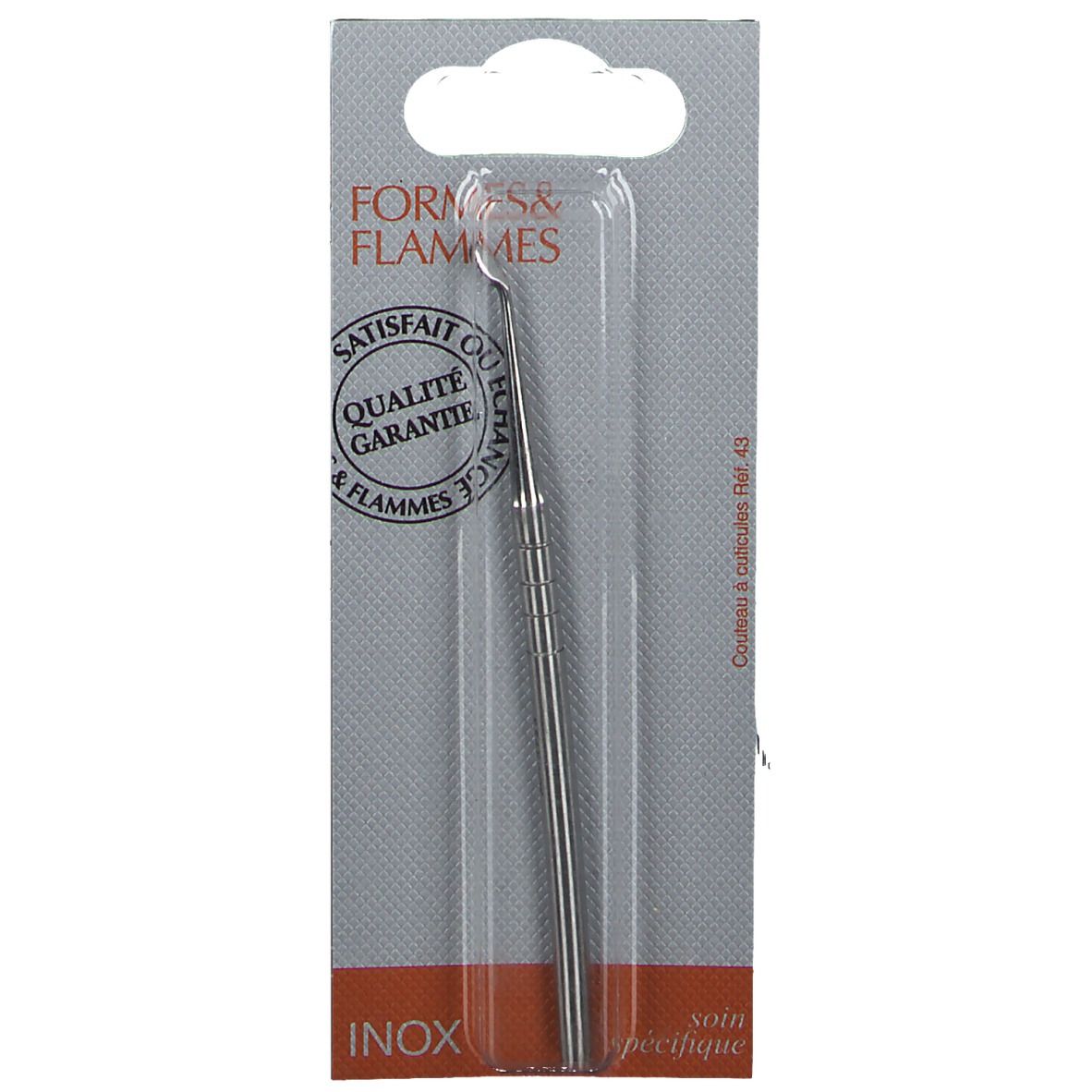 Couteau à cuticules Nr. 43 en blister. Acier inoxydable, courbé. Logo "FORMES & FLAMMES" et label qualité.