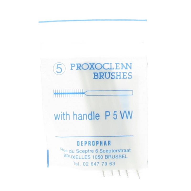 Verpakking met "PROXOCLEAN BRUSHES". Bevat 5 borstels met handvat. Adres en telefoonnummer van de fabrikant zijn vermeld.