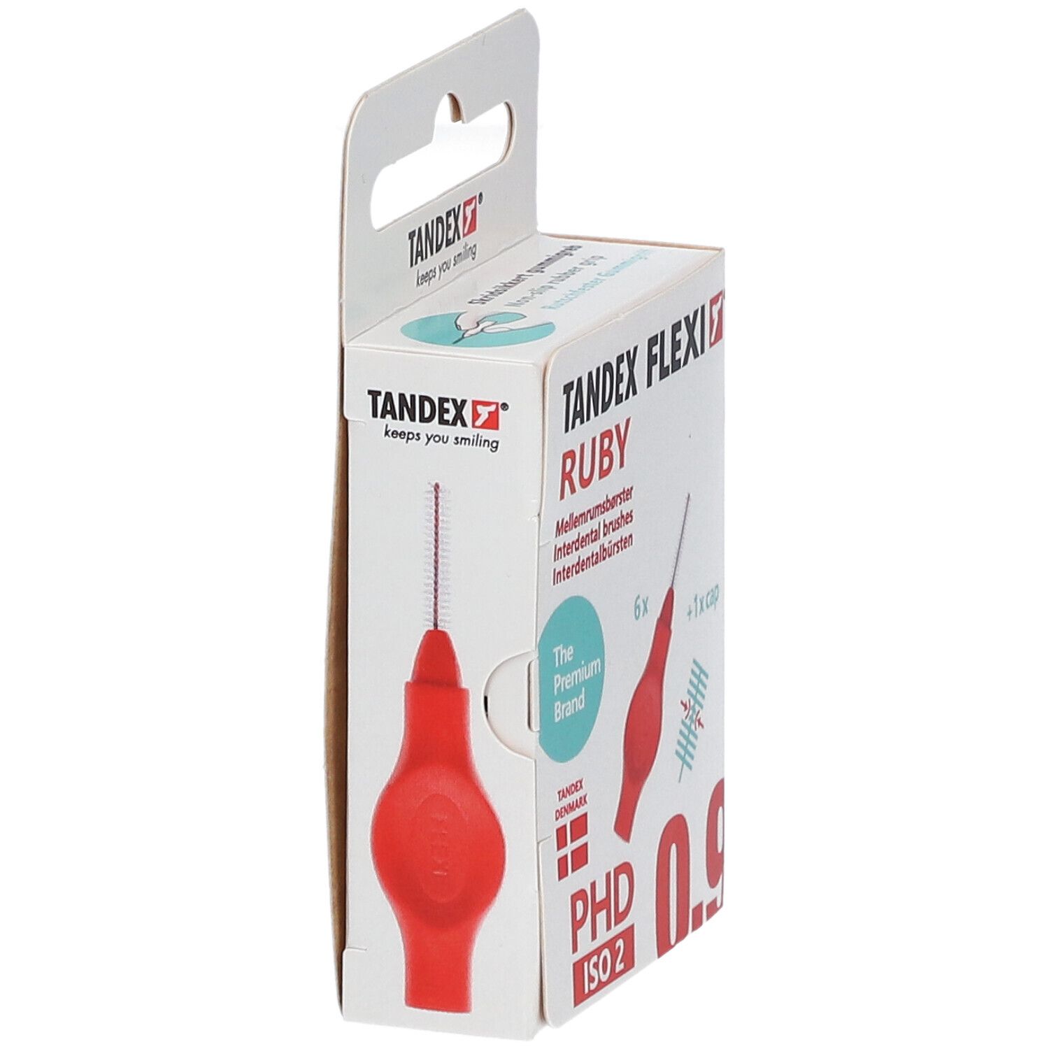 Seitenansicht der Verpackung mit Tandex Flexi Ruby Interdentalbürsten. Rote Bürste abgebildet. Größe 0.9 mm.