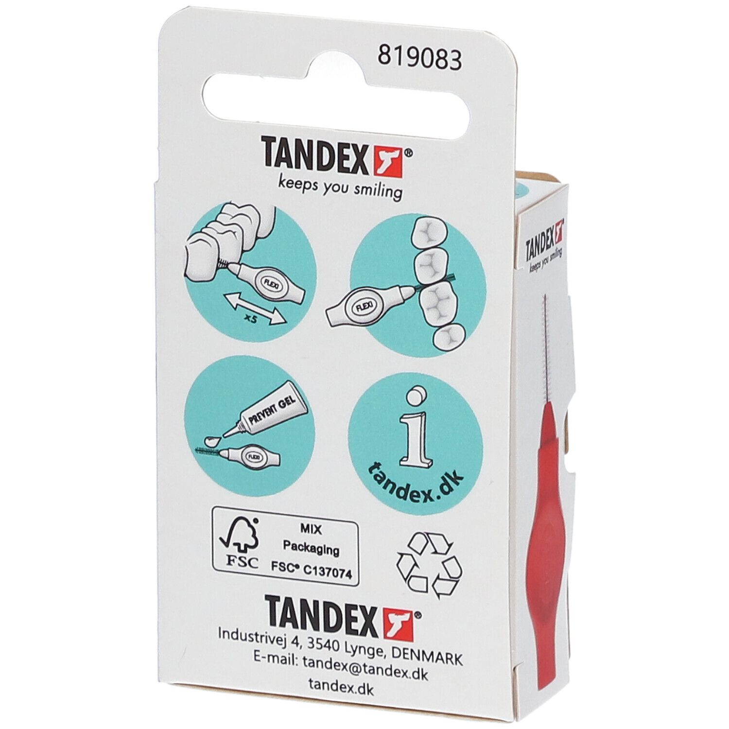 Rückseite der Verpackung mit Tandex Flexi. Illustrationen zur Anwendung. Kontaktinformationen und Zertifizierungen.