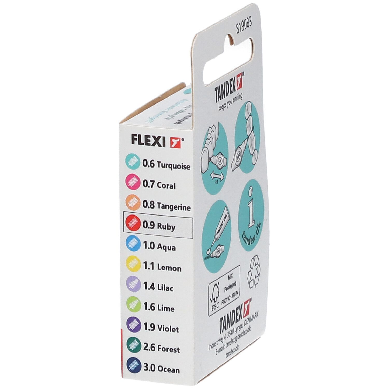 Seitenansicht der Verpackung mit Tandex Flexi. Farbcode-Tabelle für verschiedene Größen. Kontaktinformationen.