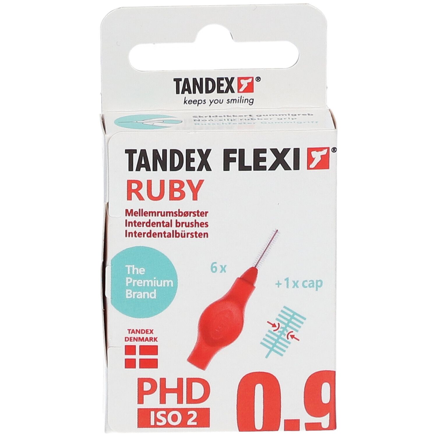 Verpackung mit Tandex Flexi Ruby Interdentalbürsten. 6 Bürsten, 1 Kappe. Größe 0.9 mm. Premium-Marke.