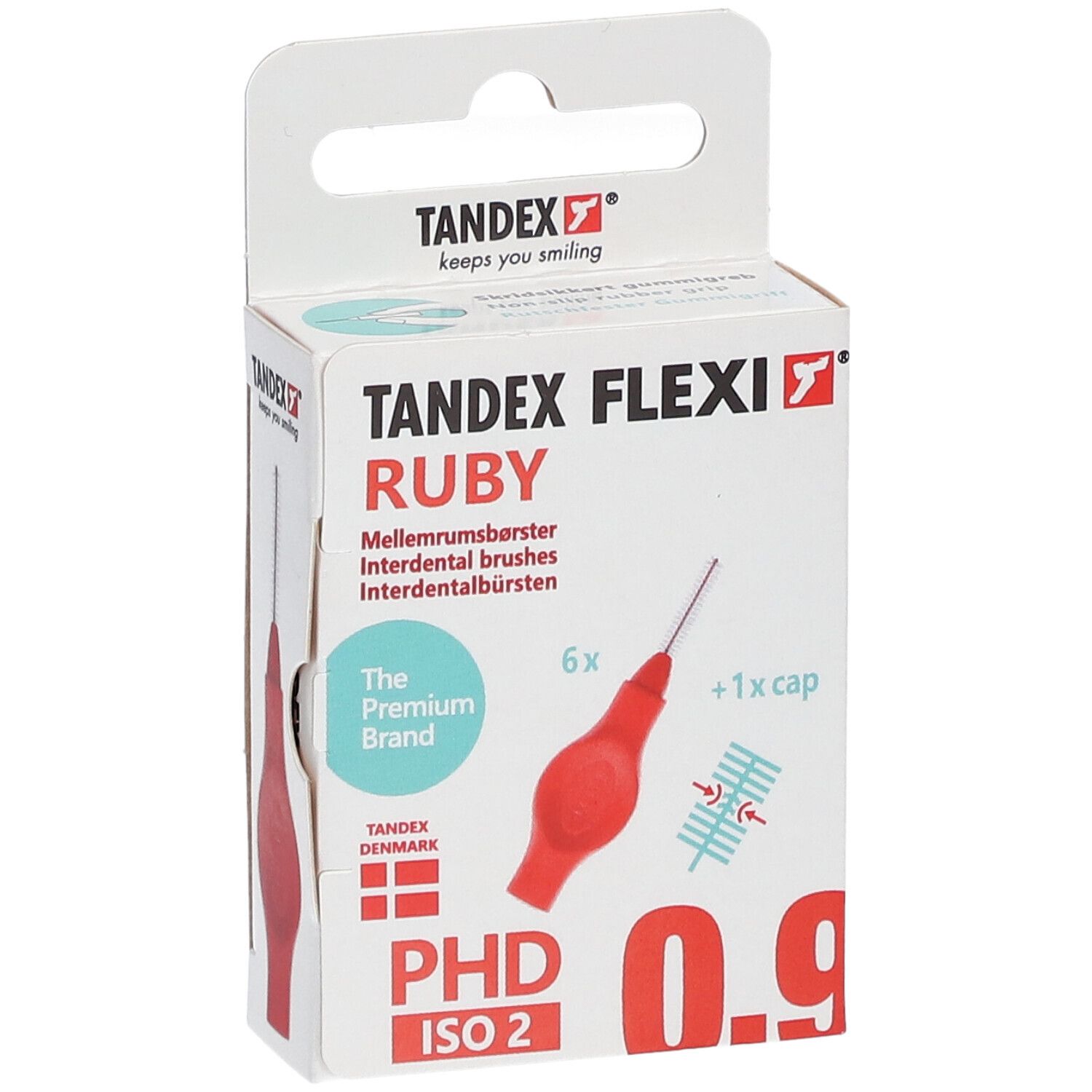 Verpackung mit Tandex Flexi Ruby Interdentalbürsten. 6 Bürsten, 1 Kappe. Größe 0.9 mm. Premium-Marke.