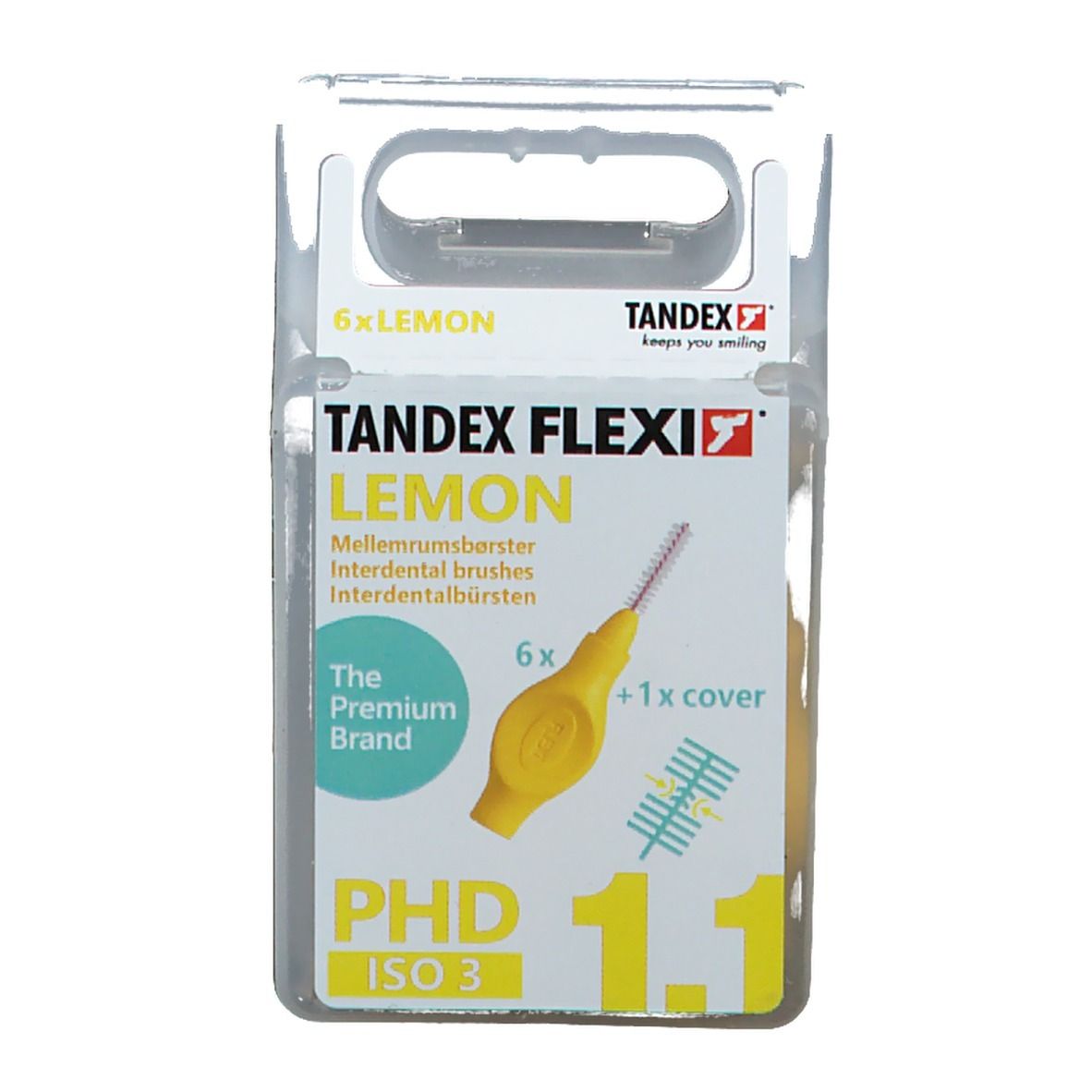 Confezione di scovolini gialli Tandex Flexi. 6 pezzi + 1 coperchio. Giallo, PHD 1.1, ISO 3.