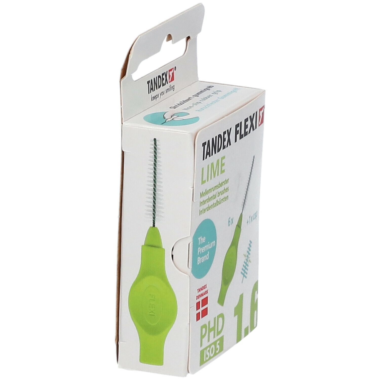 Emballage TANDEX FLEXI® Interdentalbürste. Côté avec illustration du produit. Vert, conique, 1,6 mm. 6 brosses + capuchon.