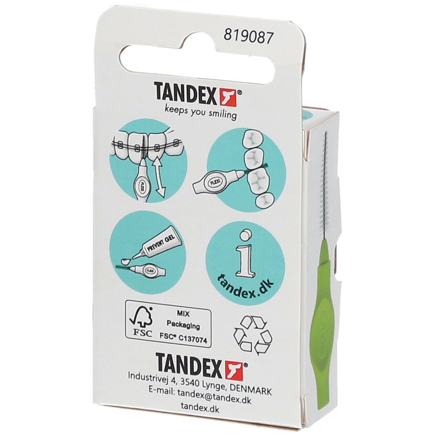 Dos de l'emballage TANDEX FLEXI® Interdentalbürste. Illustrations d'utilisation. Coordonnées et certifications.